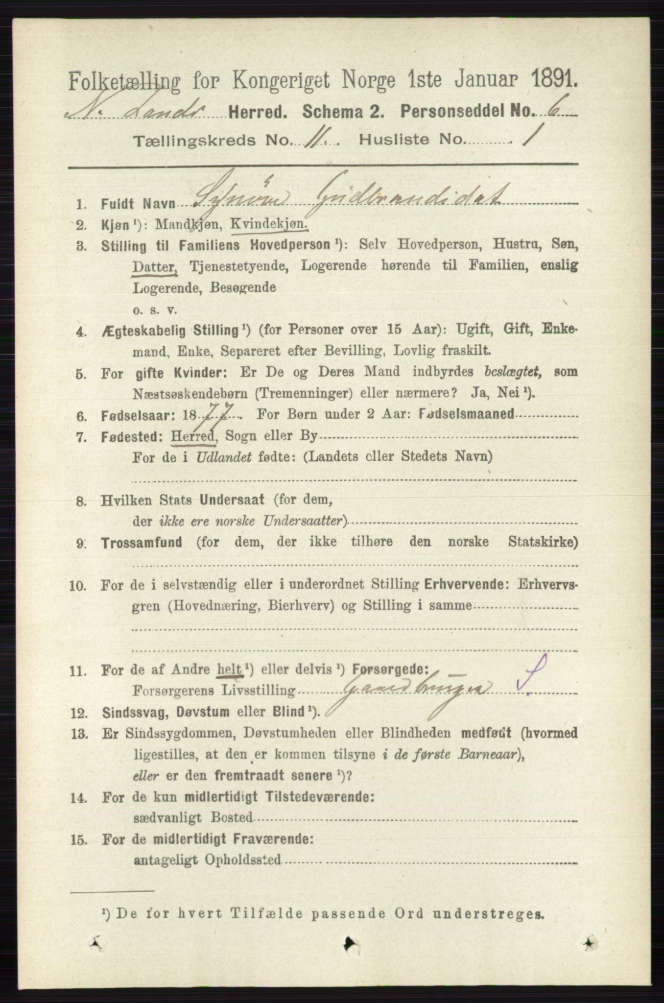 RA, 1891 census for 0538 Nordre Land, 1891, p. 3035