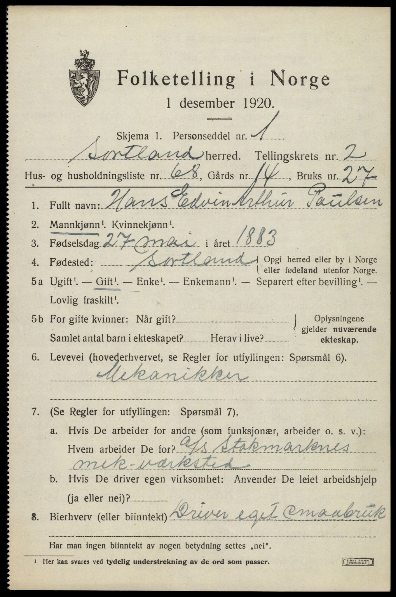 SAT, 1920 census for Sortland, 1920, p. 3560