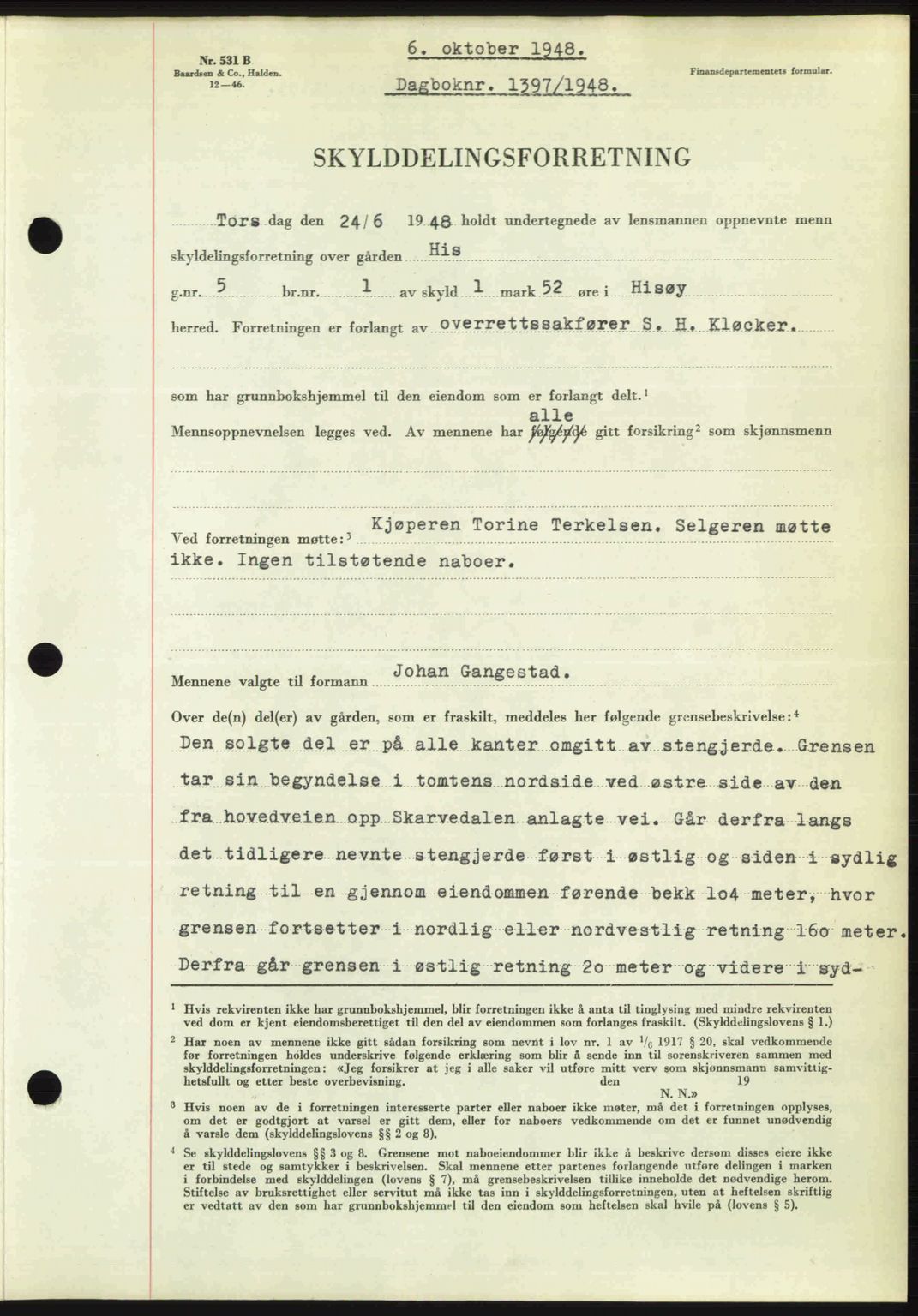 Nedenes sorenskriveri, SAK/1221-0006/G/Gb/Gba/L0059: Mortgage book no. A11, 1948-1948, Diary no: : 1397/1948