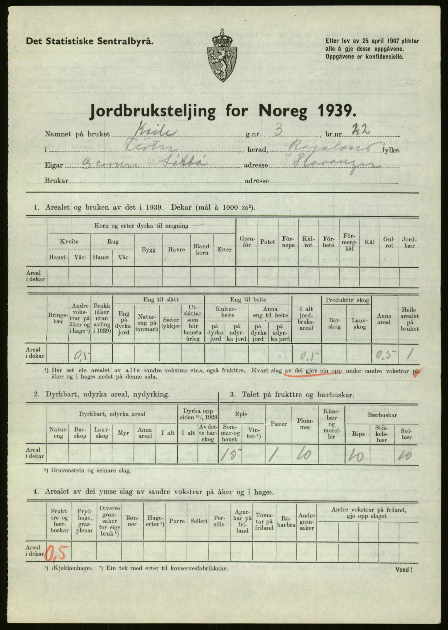 Statistisk sentralbyrå, Næringsøkonomiske emner, Jordbruk, skogbruk, jakt, fiske og fangst, AV/RA-S-2234/G/Gb/L0184: Rogaland: Årdal, Fister og Hjelmeland, 1939, p. 31