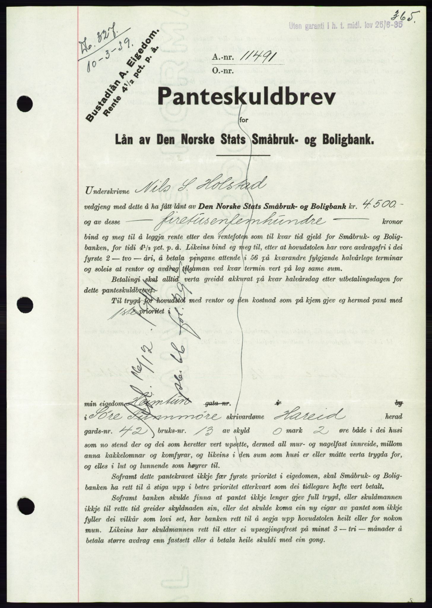 Søre Sunnmøre sorenskriveri, AV/SAT-A-4122/1/2/2C/L0067: Mortgage book no. 61, 1938-1939, Diary no: : 327/1939