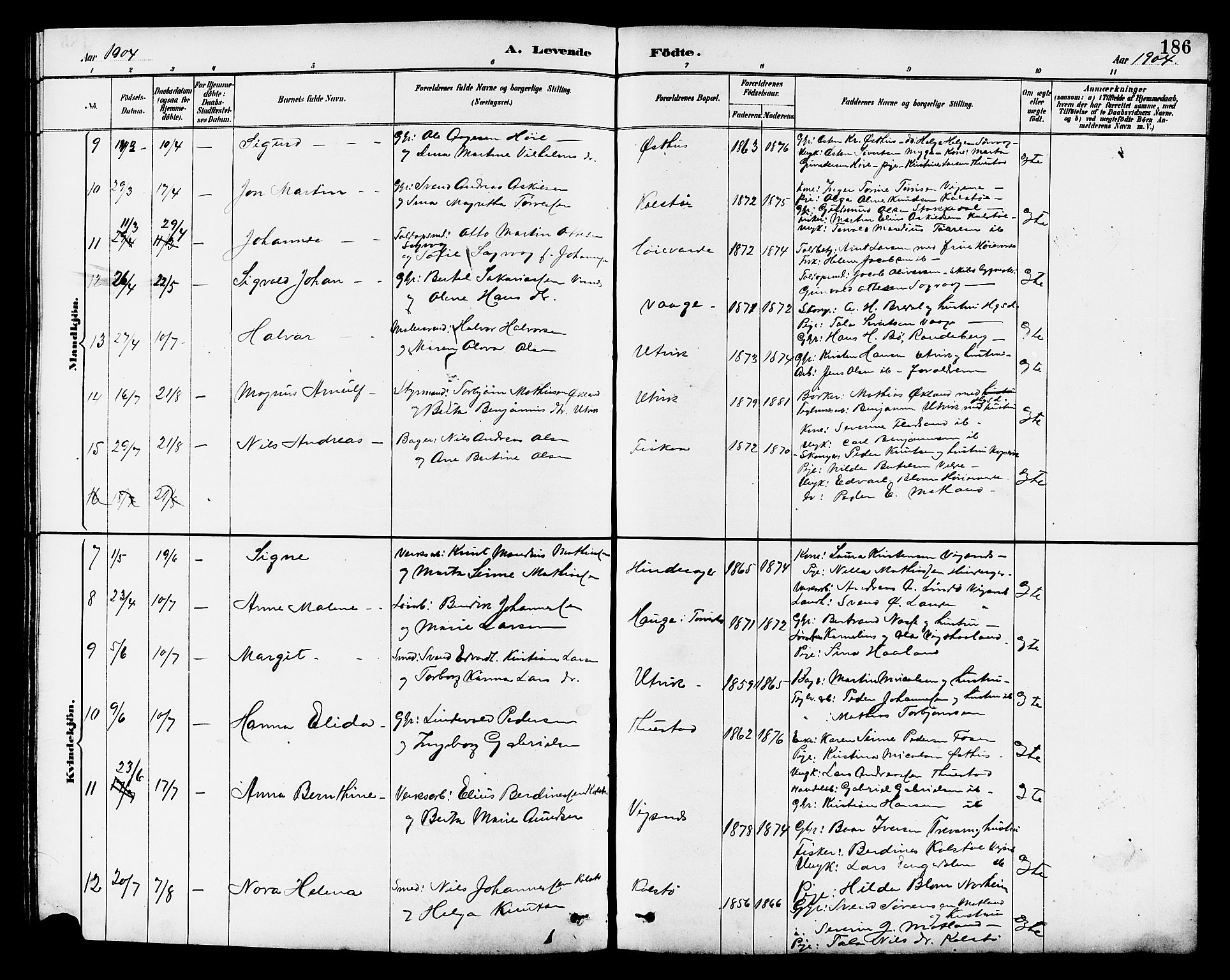 Avaldsnes sokneprestkontor, AV/SAST-A -101851/H/Ha/Hab/L0007: Parish register (copy) no. B 7, 1885-1909, p. 186