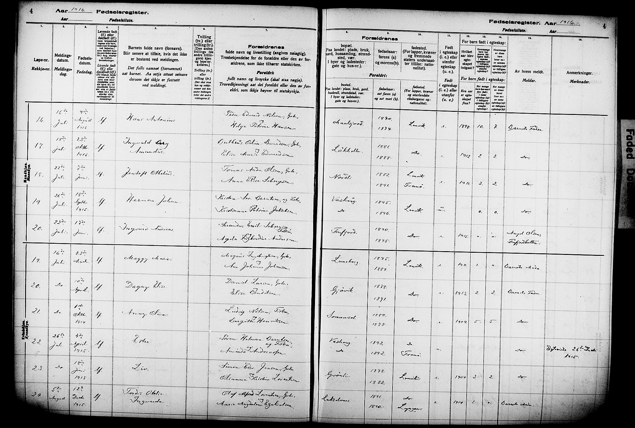 Lenvik sokneprestembete, AV/SATØ-S-1310/I/Ic/L0089: Birth register no. 89, 1916-1926, p. 4