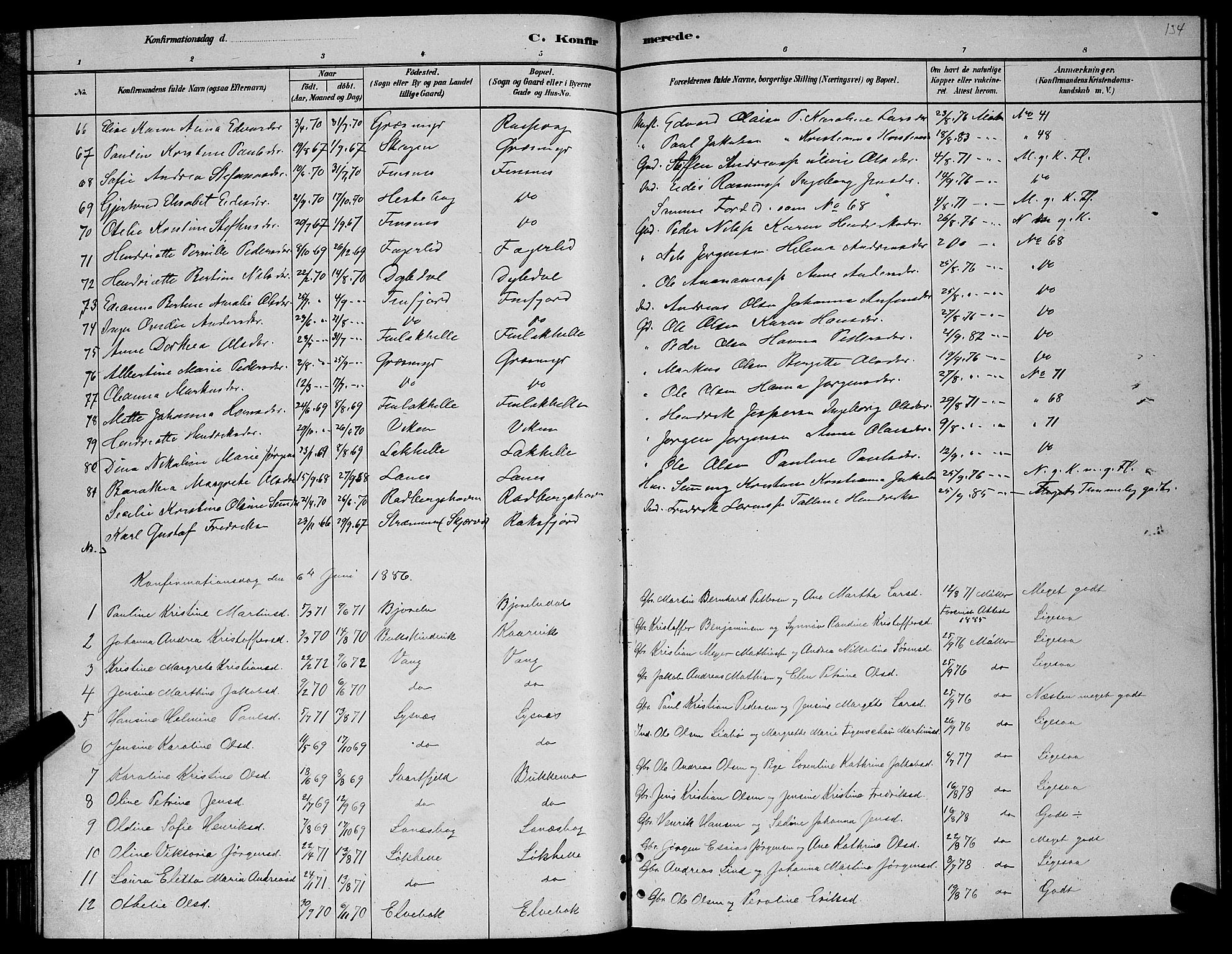 Lenvik sokneprestembete, SATØ/S-1310/H/Ha/Hab/L0006klokker: Parish register (copy) no. 6, 1881-1889, p. 134