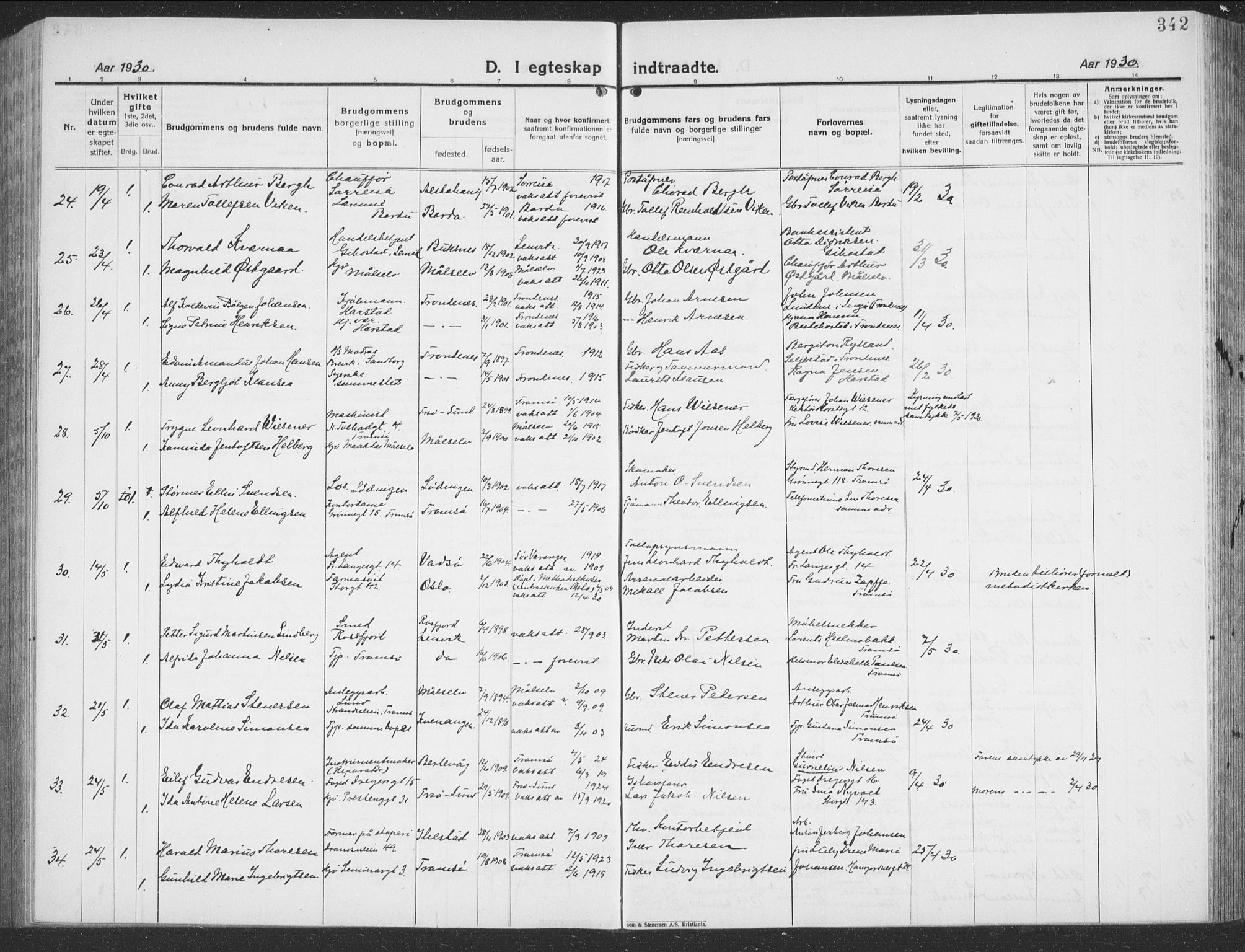 Tromsø sokneprestkontor/stiftsprosti/domprosti, AV/SATØ-S-1343/G/Gb/L0010klokker: Parish register (copy) no. 10, 1925-1937, p. 342