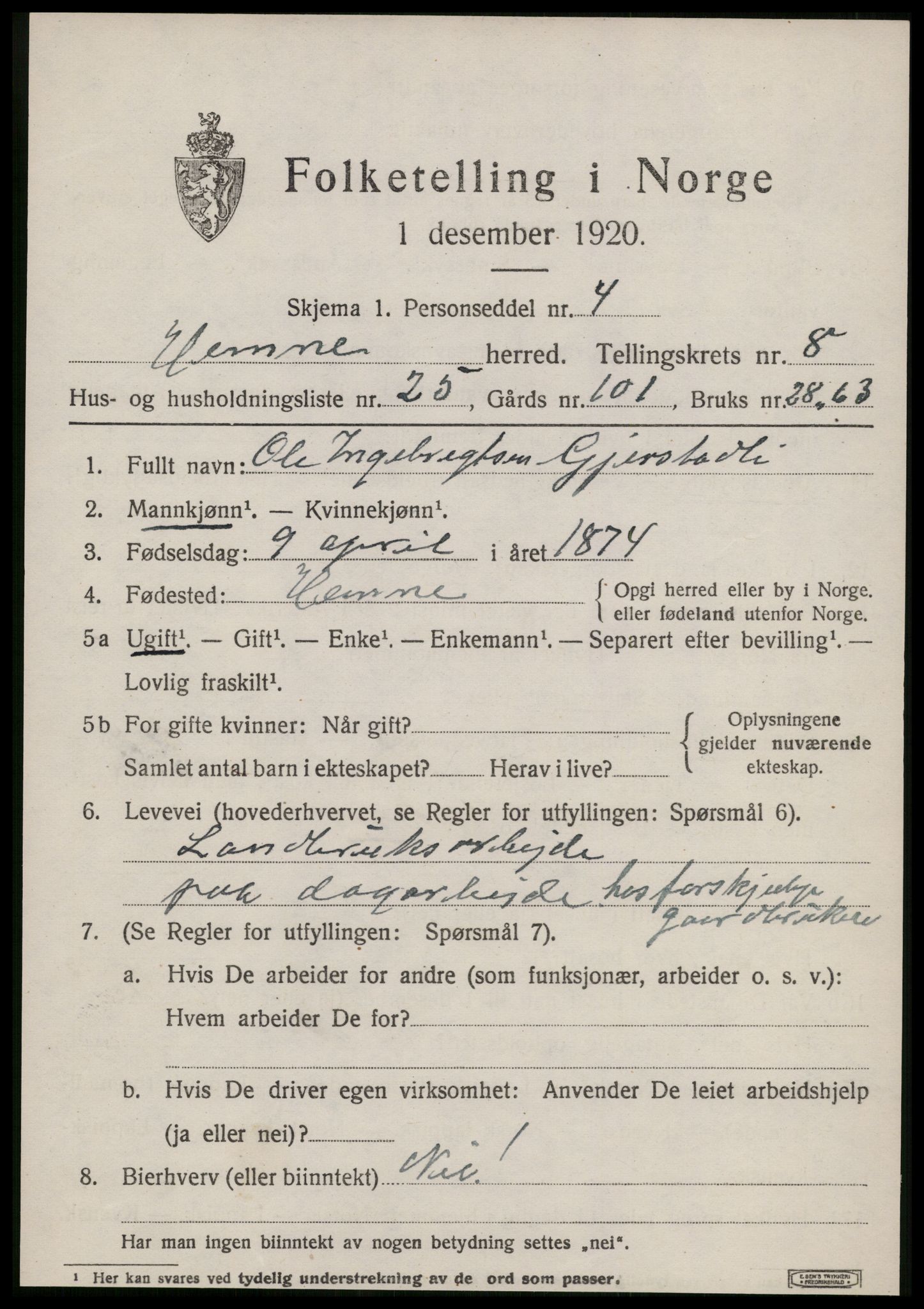 SAT, 1920 census for Hemne, 1920, p. 5016