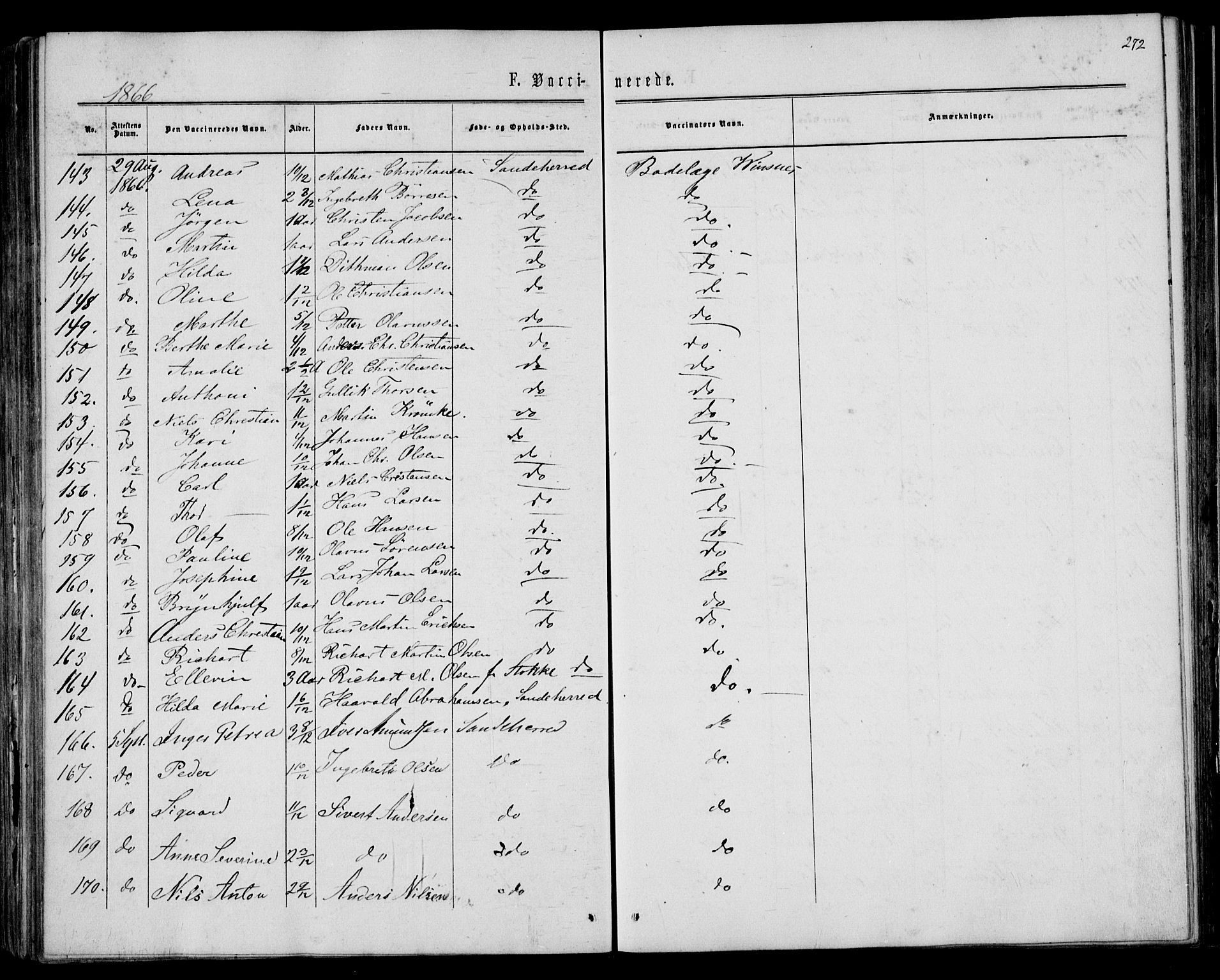 Sandar kirkebøker, AV/SAKO-A-243/F/Fa/L0009: Parish register (official) no. 9, 1862-1871, p. 272