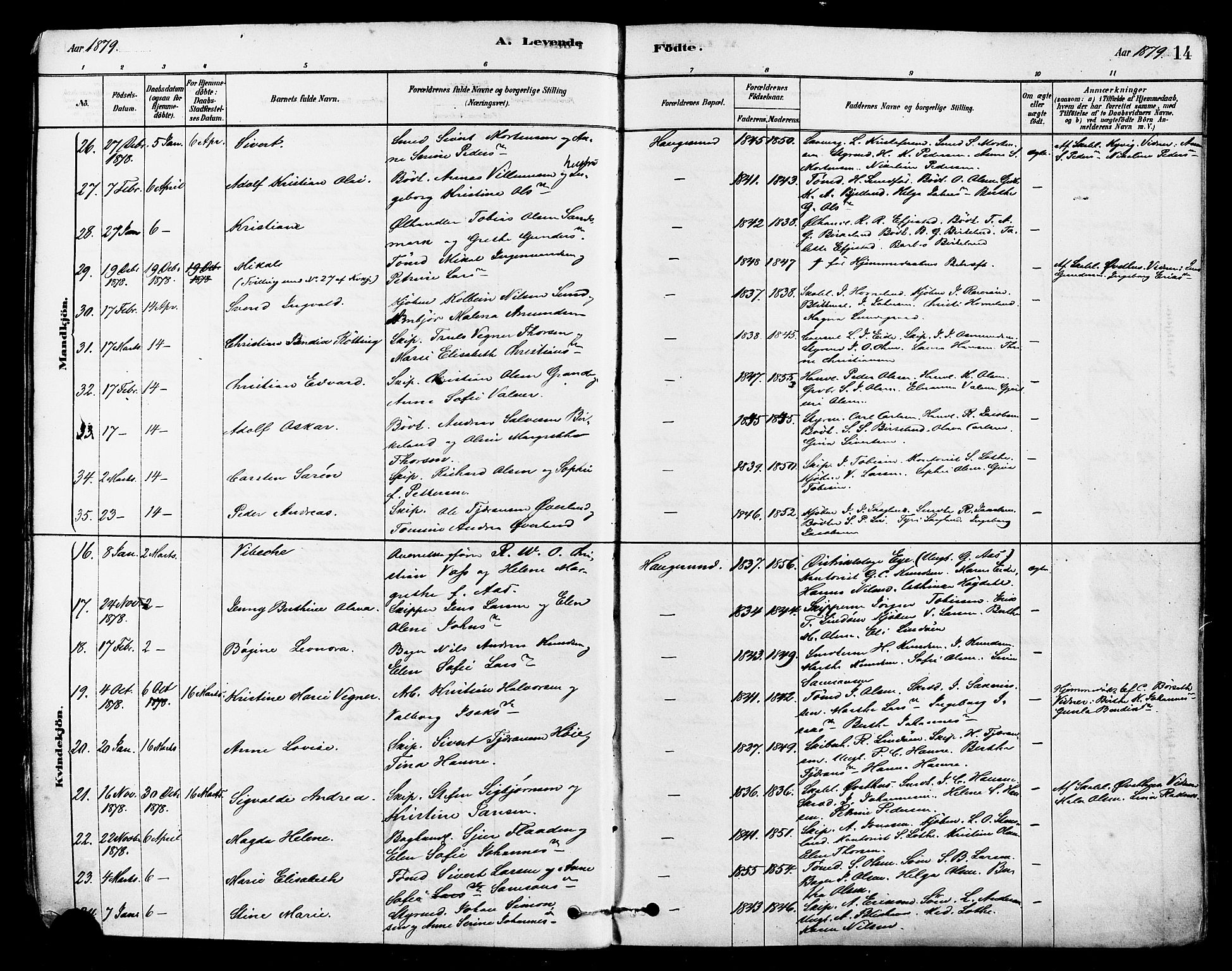 Haugesund sokneprestkontor, AV/SAST-A -101863/H/Ha/Haa/L0001: Parish register (official) no. A 1, 1878-1885, p. 14