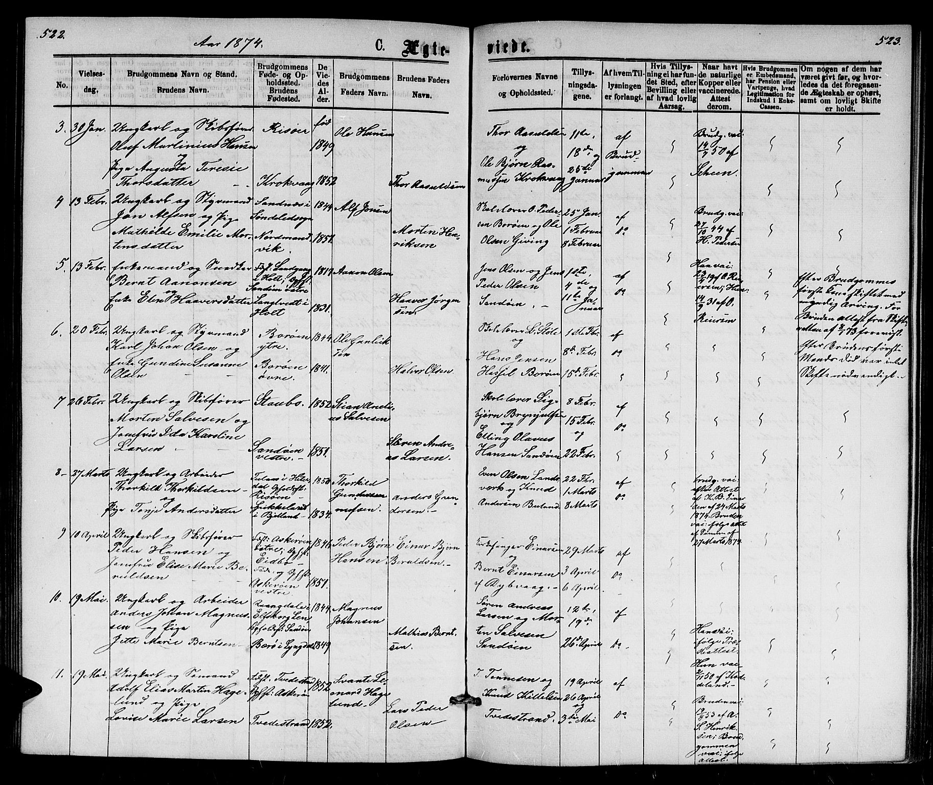 Dypvåg sokneprestkontor, AV/SAK-1111-0007/F/Fb/Fba/L0012: Parish register (copy) no. B 12, 1872-1886, p. 522-523