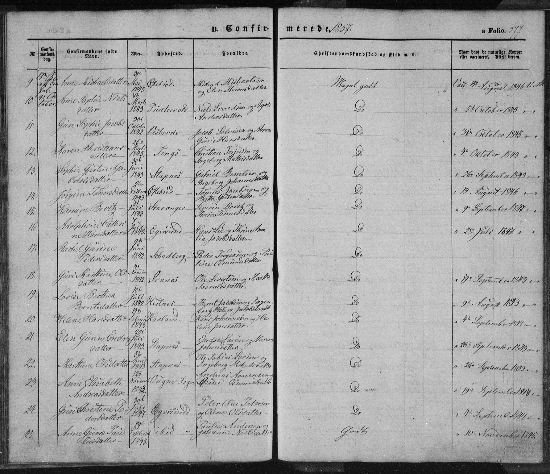 Eigersund sokneprestkontor, SAST/A-101807/S08/L0012: Parish register (official) no. A 12.1, 1850-1865, p. 277