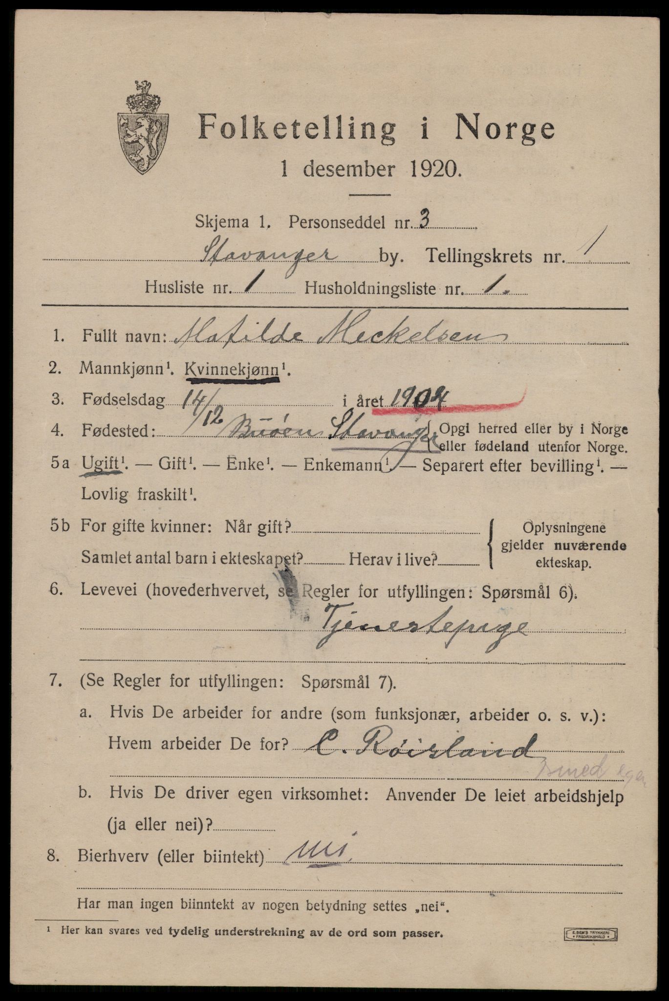 SAST, 1920 census for Stavanger, 1920, p. 33198