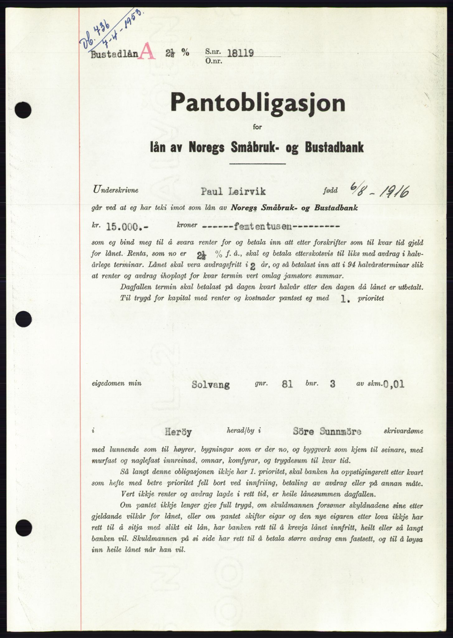 Søre Sunnmøre sorenskriveri, AV/SAT-A-4122/1/2/2C/L0123: Mortgage book no. 11B, 1953-1953, Diary no: : 736/1953