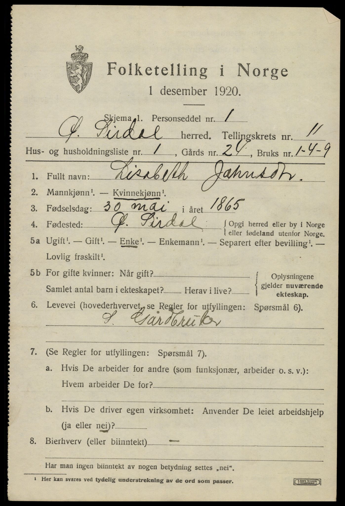 SAK, 1920 census for Øvre Sirdal, 1920, p. 1817