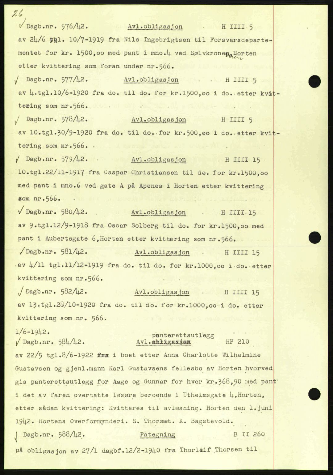 Horten sorenskriveri, SAKO/A-133/G/Ga/Gab/L0003: Mortgage book no. B-5 - B-6, 1941-1943, Diary no: : 576/1942