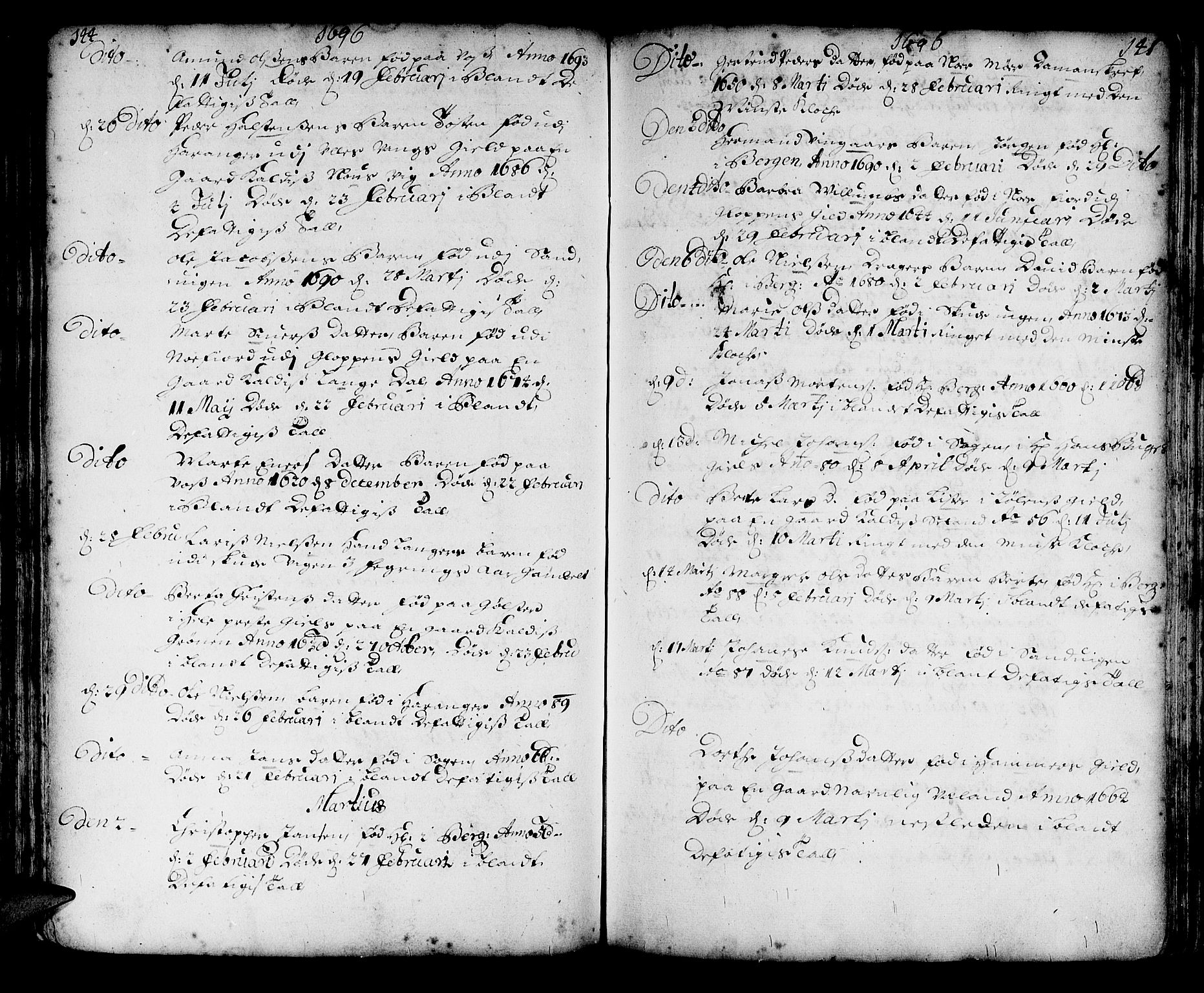 Korskirken sokneprestembete, AV/SAB-A-76101/H/Haa/L0010: Parish register (official) no. A 10, 1688-1703, p. 144-145