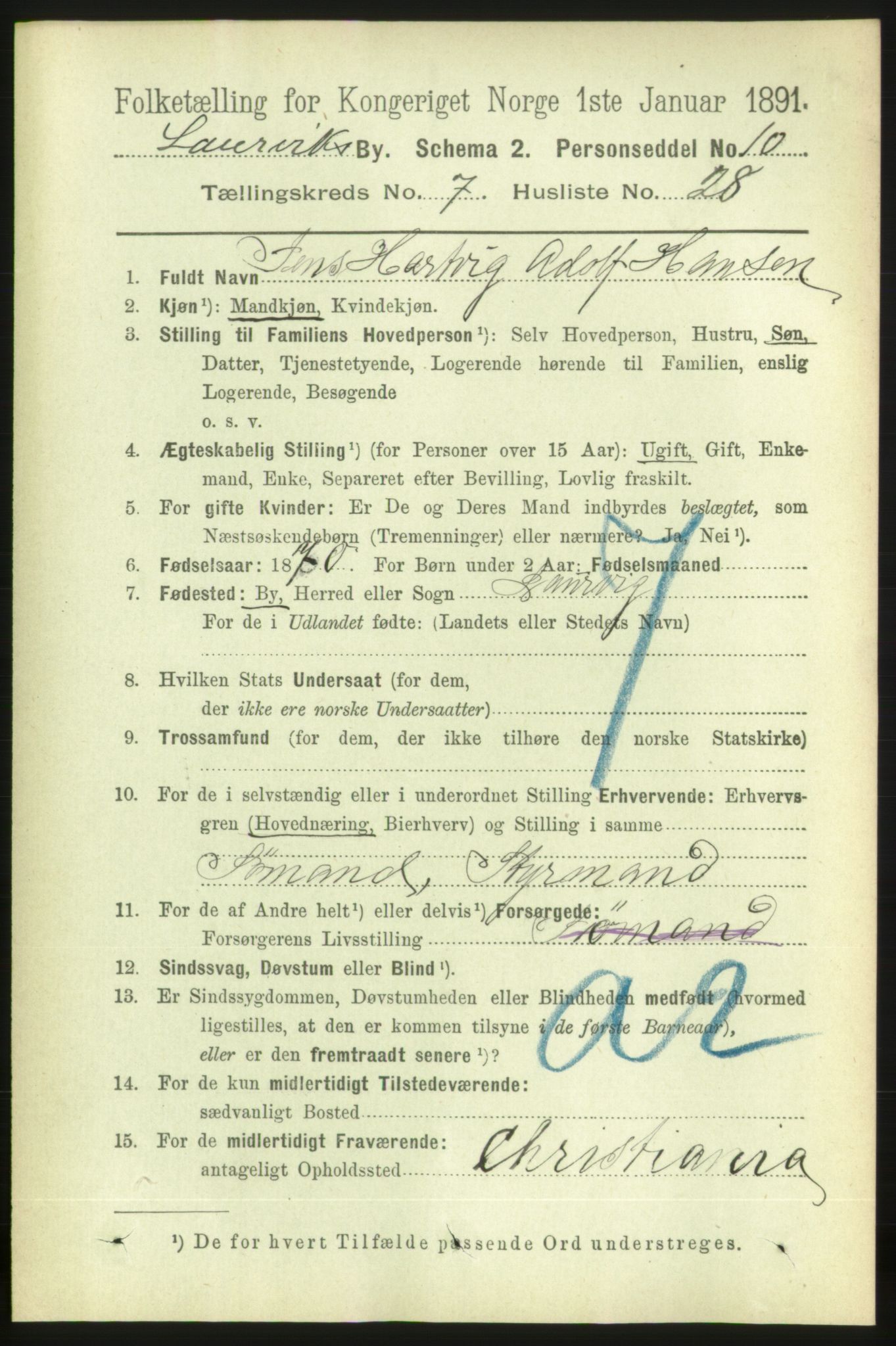 RA, 1891 census for 0707 Larvik, 1891, p. 7564