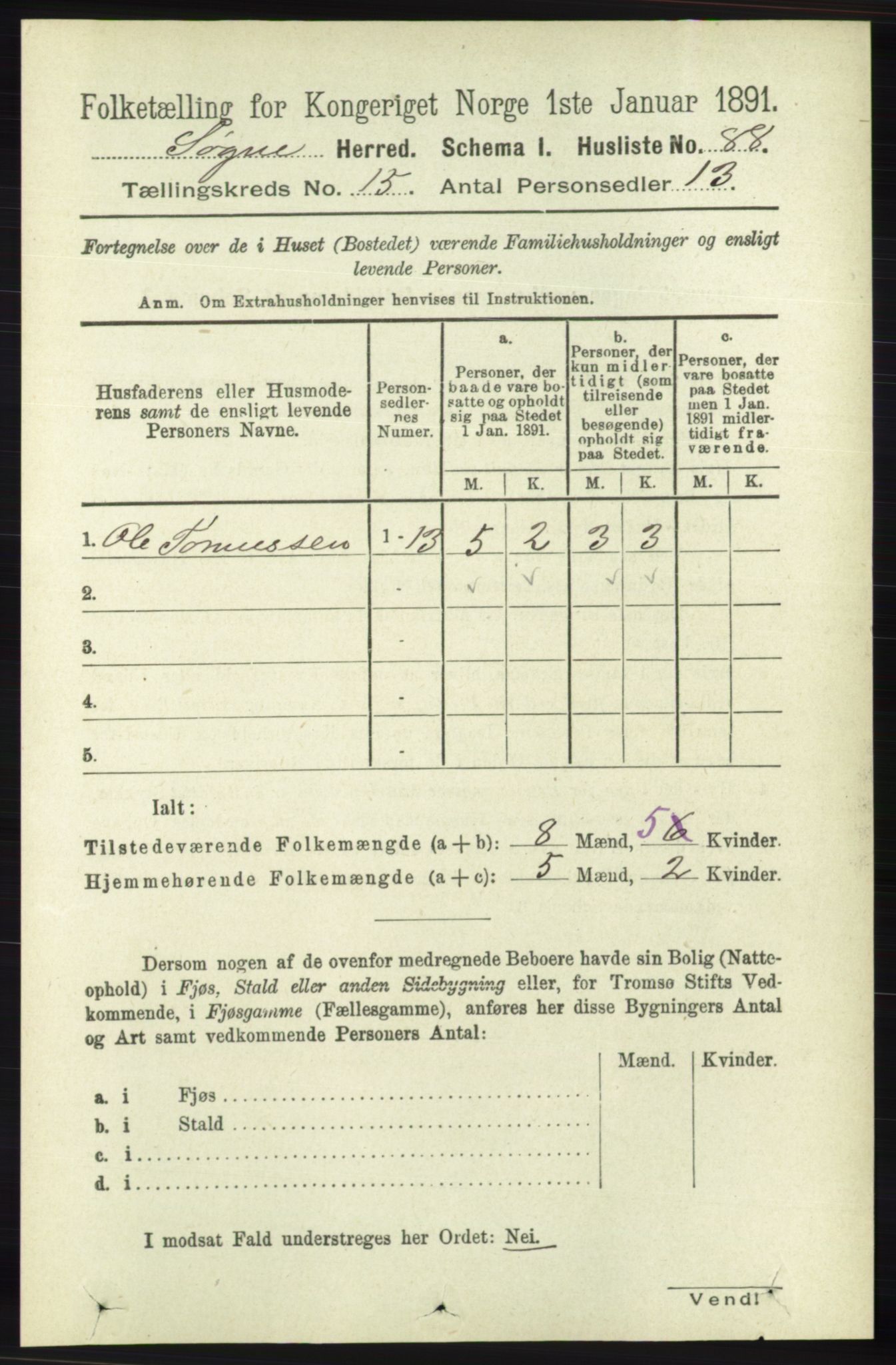 RA, 1891 census for 1018 Søgne, 1891, p. 3885