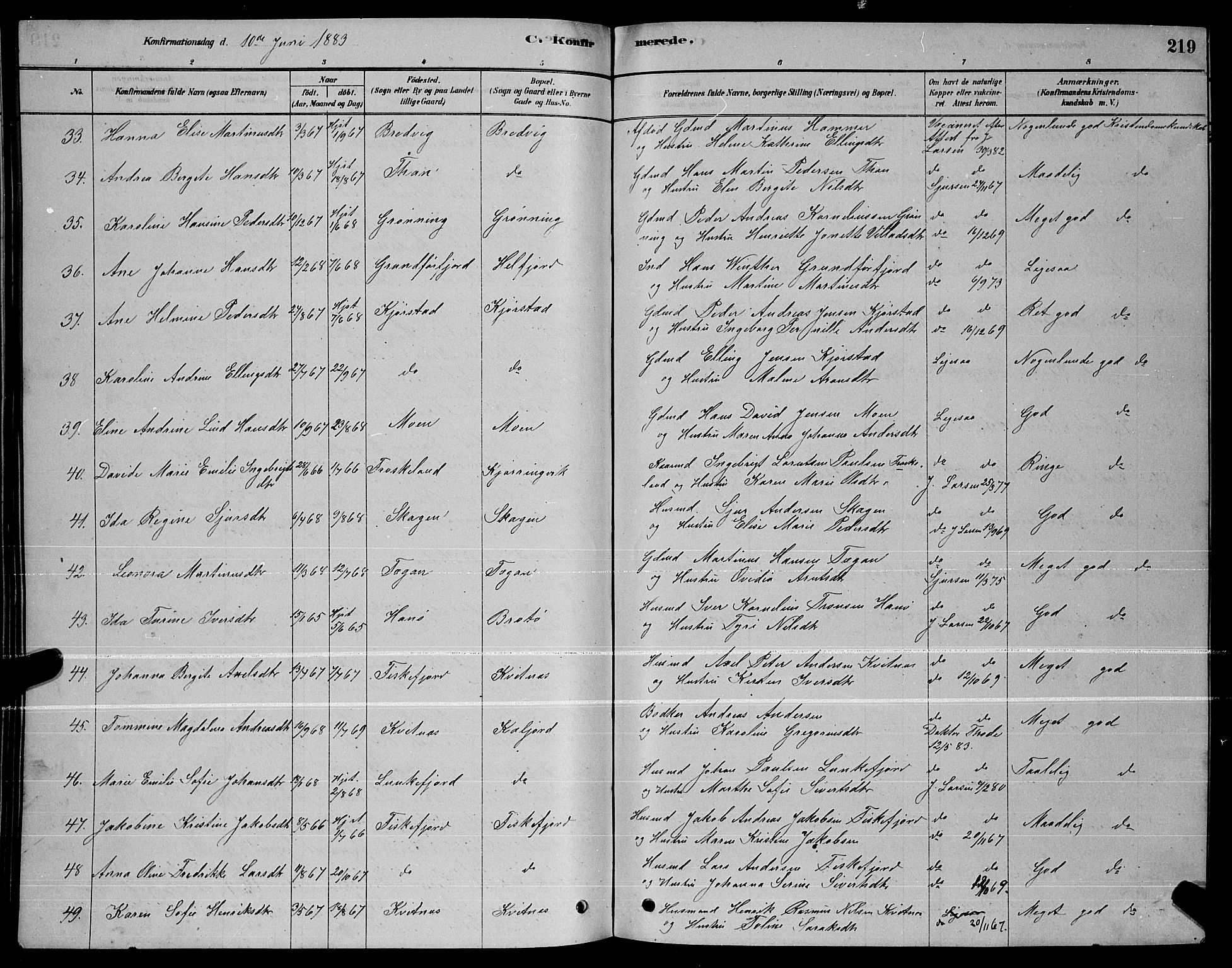 Ministerialprotokoller, klokkerbøker og fødselsregistre - Nordland, AV/SAT-A-1459/888/L1267: Parish register (copy) no. 888C05, 1878-1890, p. 219