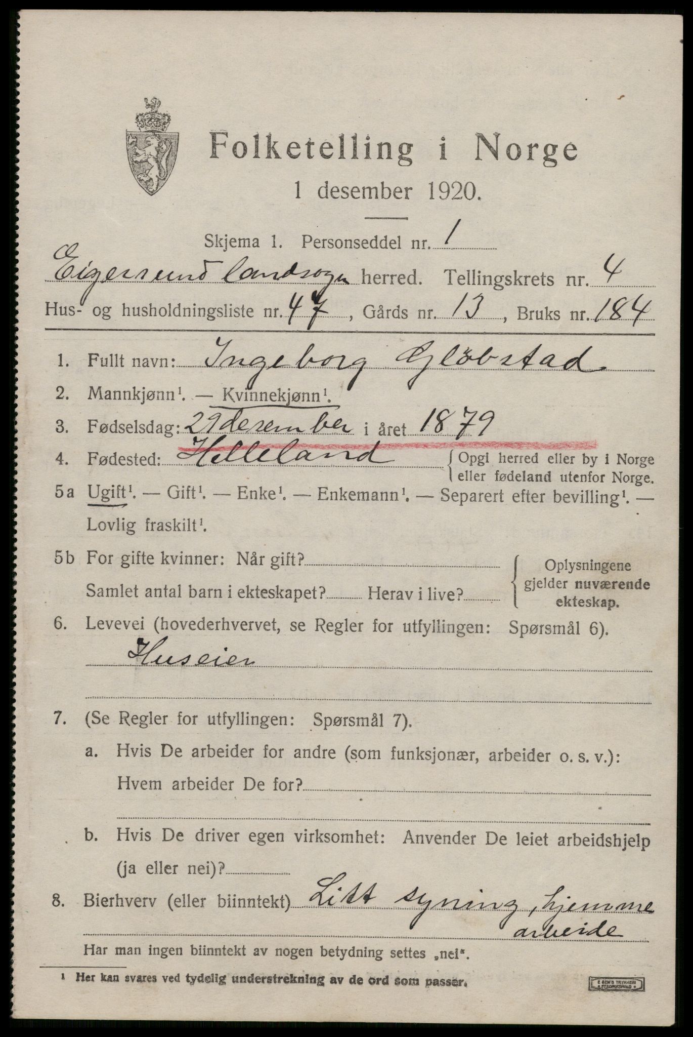 SAST, 1920 census for Eigersund, 1920, p. 3339