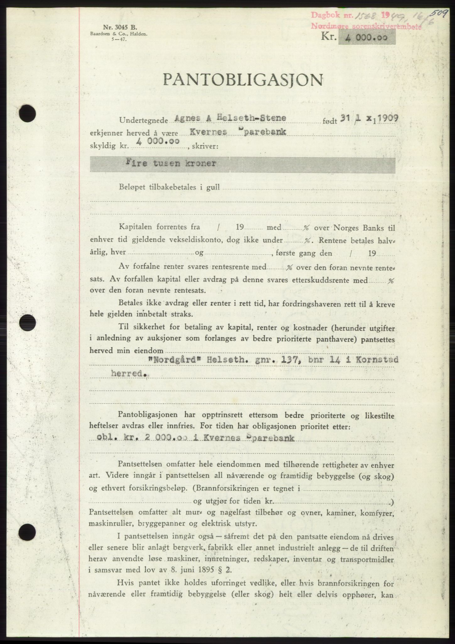 Nordmøre sorenskriveri, AV/SAT-A-4132/1/2/2Ca: Mortgage book no. B101, 1949-1949, Diary no: : 1568/1949