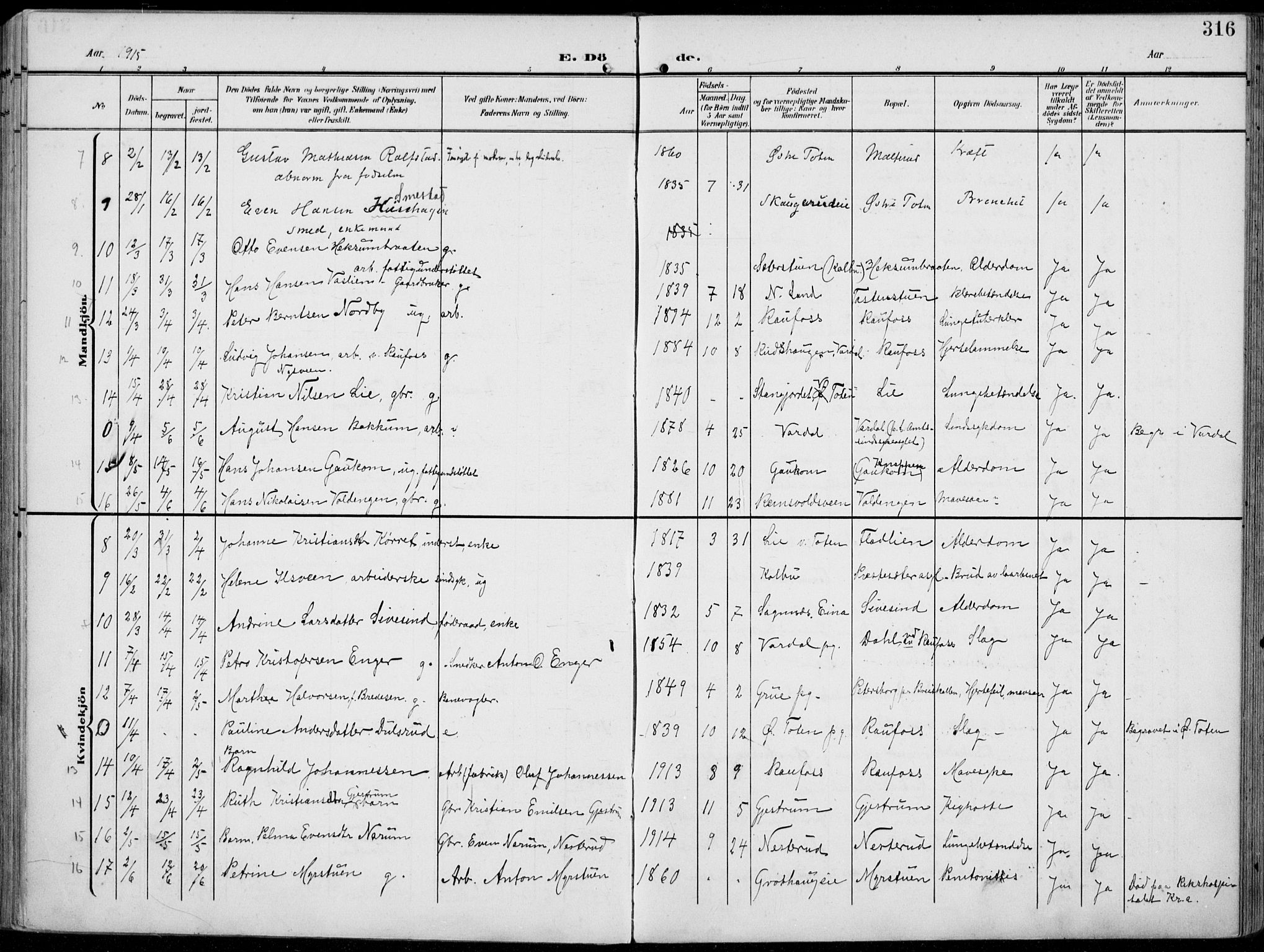 Vestre Toten prestekontor, AV/SAH-PREST-108/H/Ha/Haa/L0014: Parish register (official) no. 14, 1907-1920, p. 316