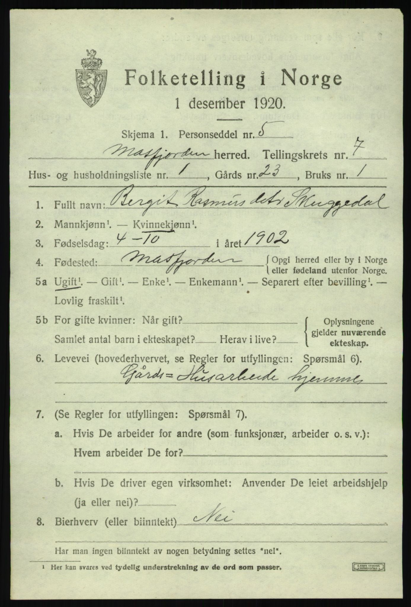 SAB, 1920 census for Masfjorden, 1920, p. 2637