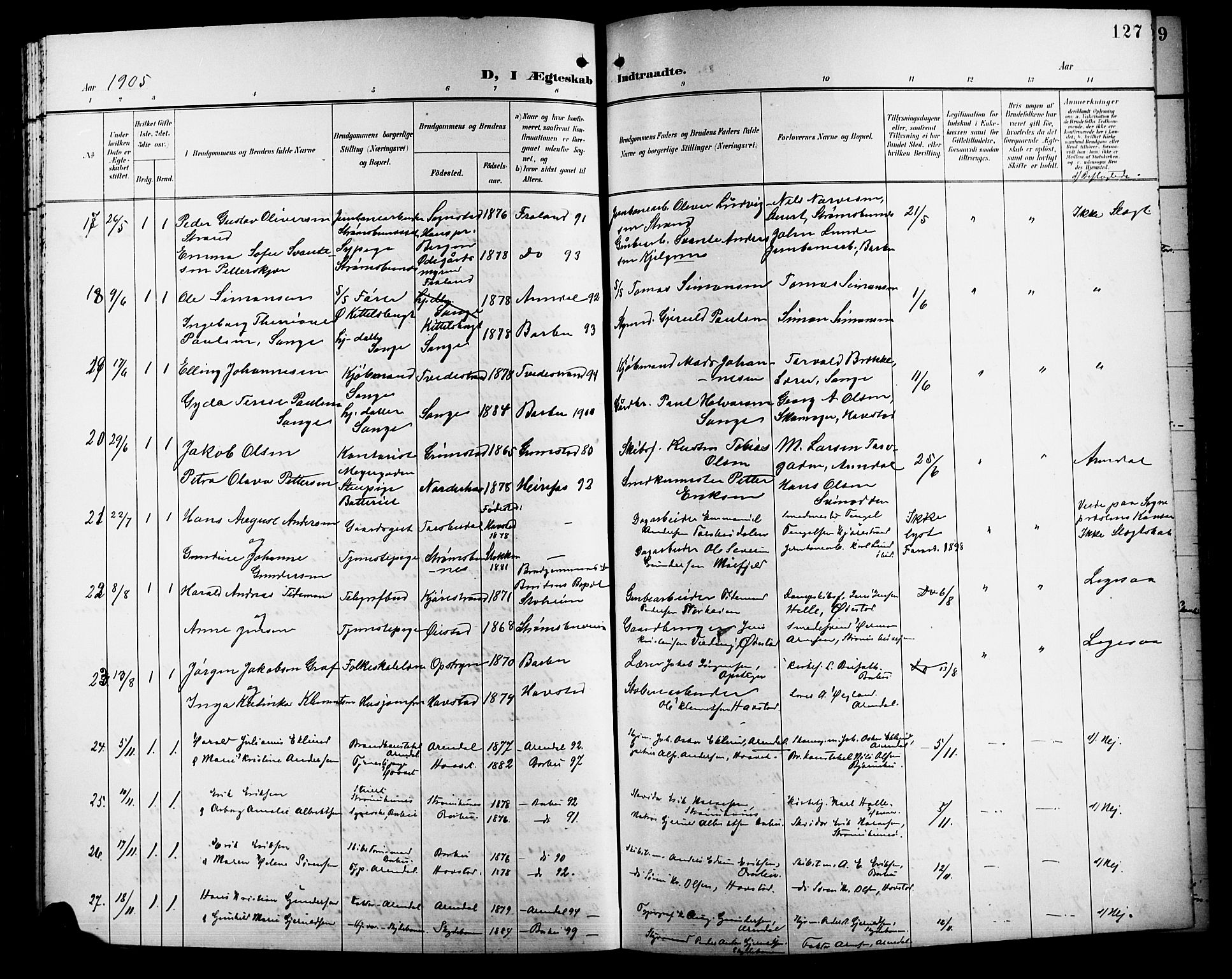 Barbu sokneprestkontor, SAK/1111-0003/F/Fb/L0003: Parish register (copy) no. B 3, 1897-1911, p. 127