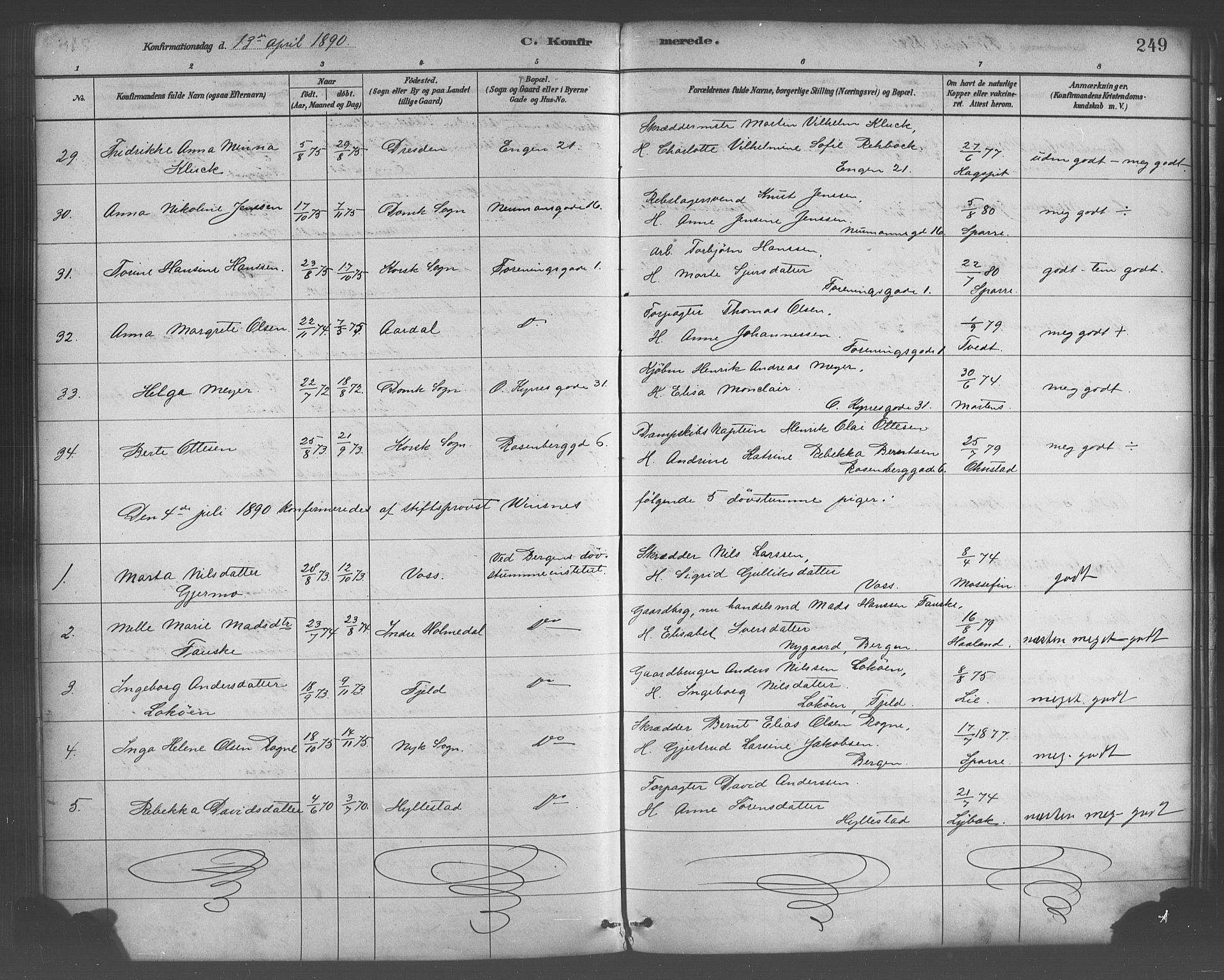 Domkirken sokneprestembete, AV/SAB-A-74801/H/Haa/L0030: Parish register (official) no. C 5, 1880-1898, p. 249