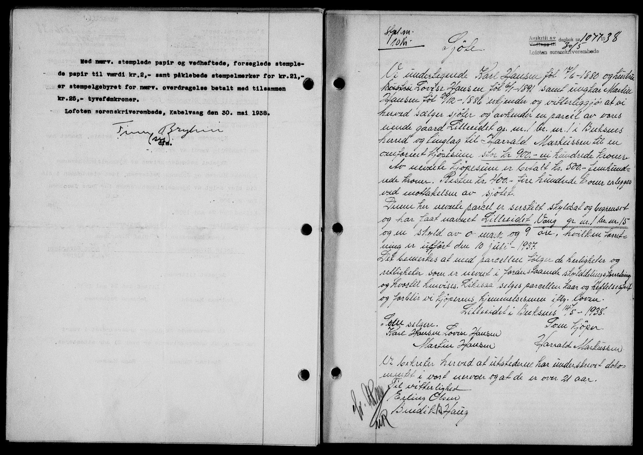 Lofoten sorenskriveri, SAT/A-0017/1/2/2C/L0004a: Mortgage book no. 4a, 1938-1938, Diary no: : 1077/1938