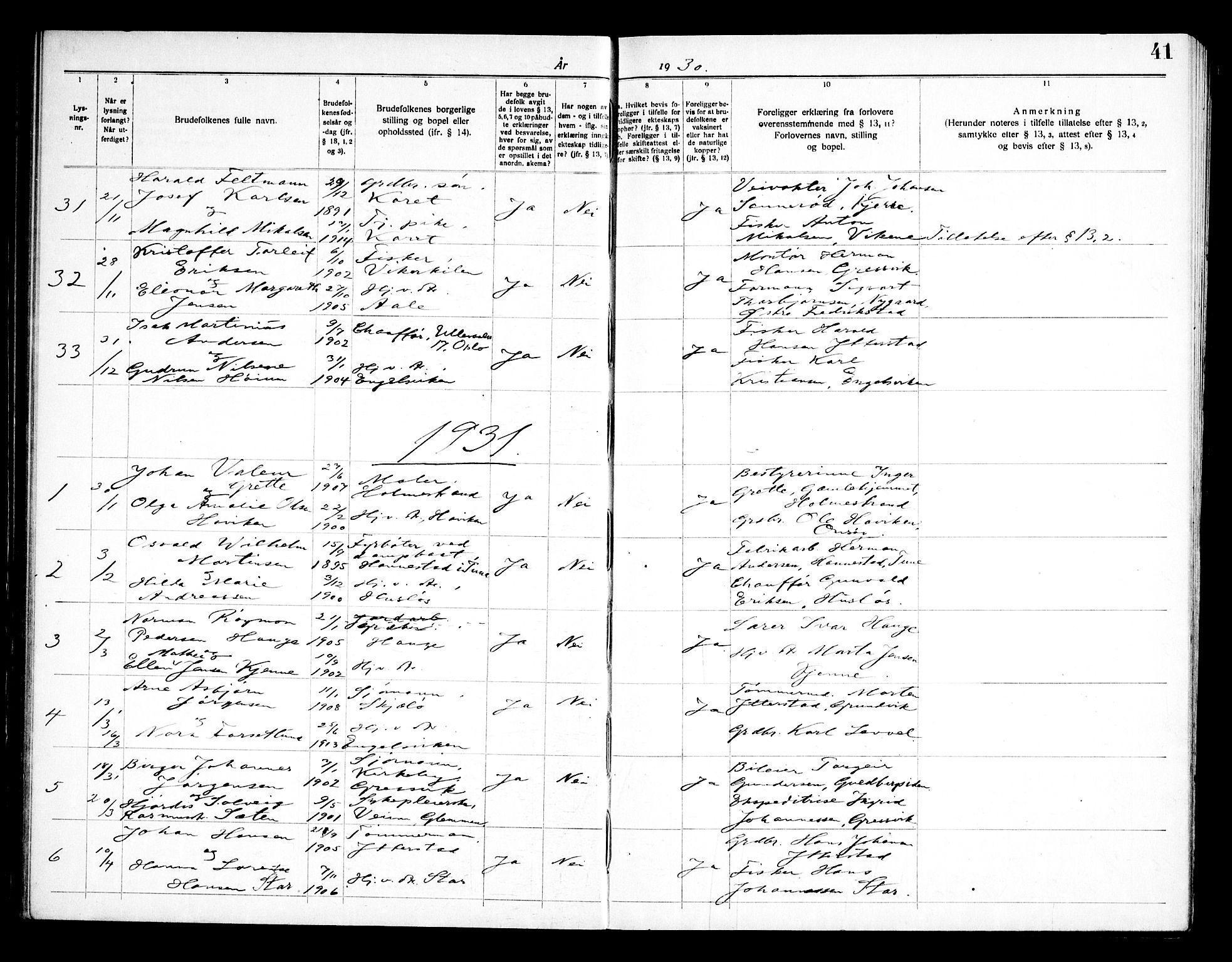 Onsøy prestekontor Kirkebøker, AV/SAO-A-10914/H/Ha/L0001: Banns register no. I 1, 1919-1956, p. 41