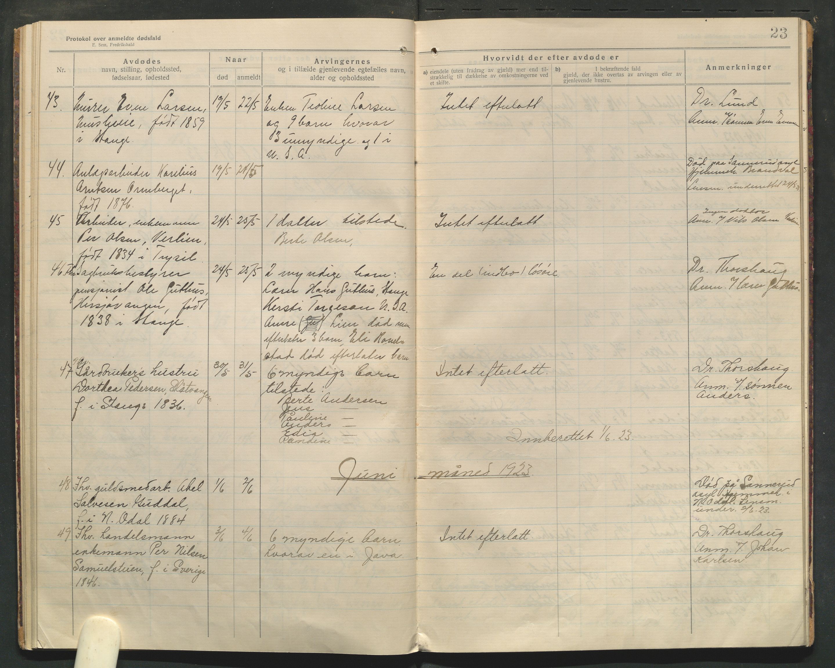 Stange lensmannskontor, AV/SAH-LHS-020/H/Ha/Haa/L0001/0004: Dødsfallsprotokoller / Dødsfallsprotokoll, 1921-1925, p. 23