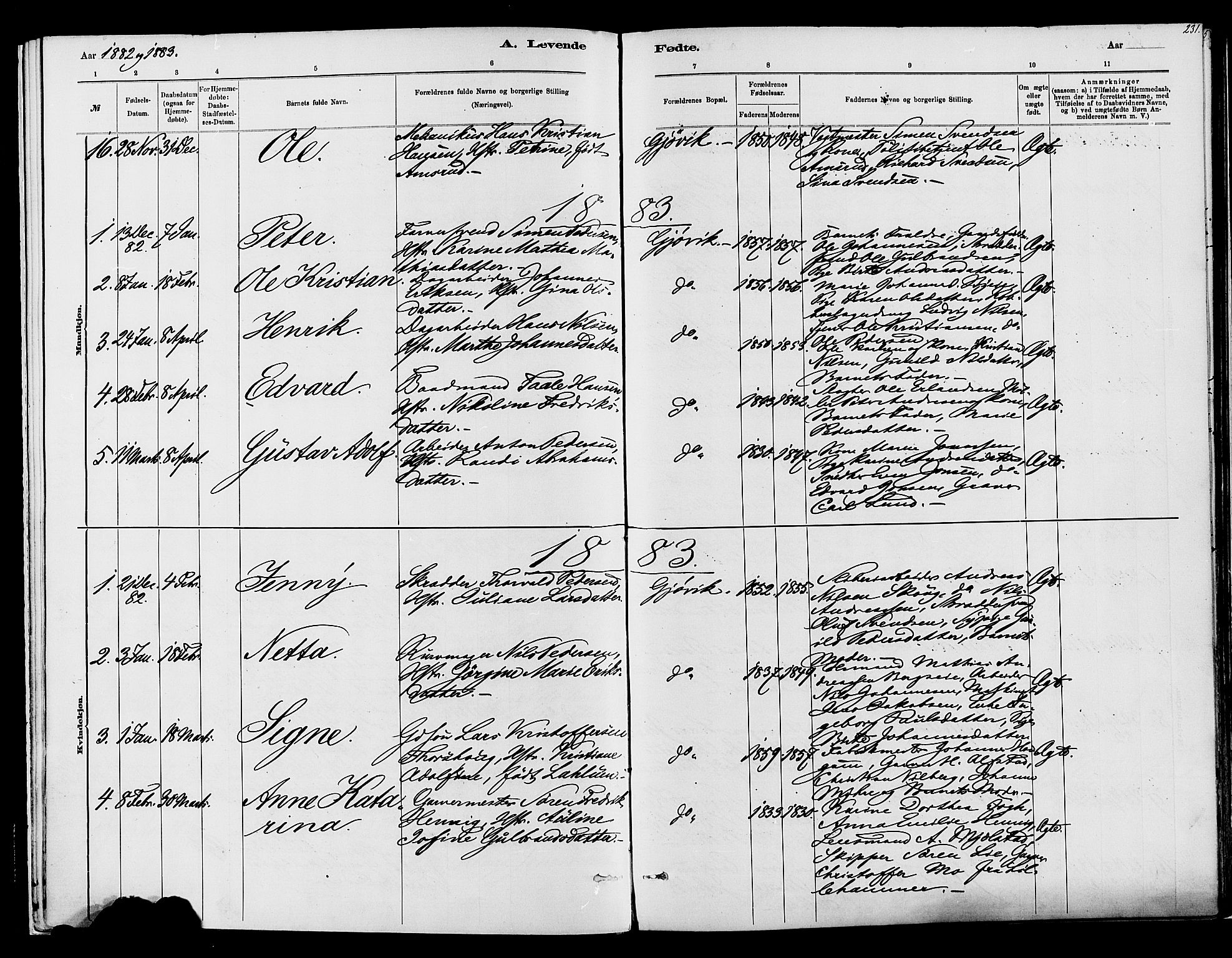Vardal prestekontor, SAH/PREST-100/H/Ha/Haa/L0008: Parish register (official) no. 8, 1878-1890, p. 231