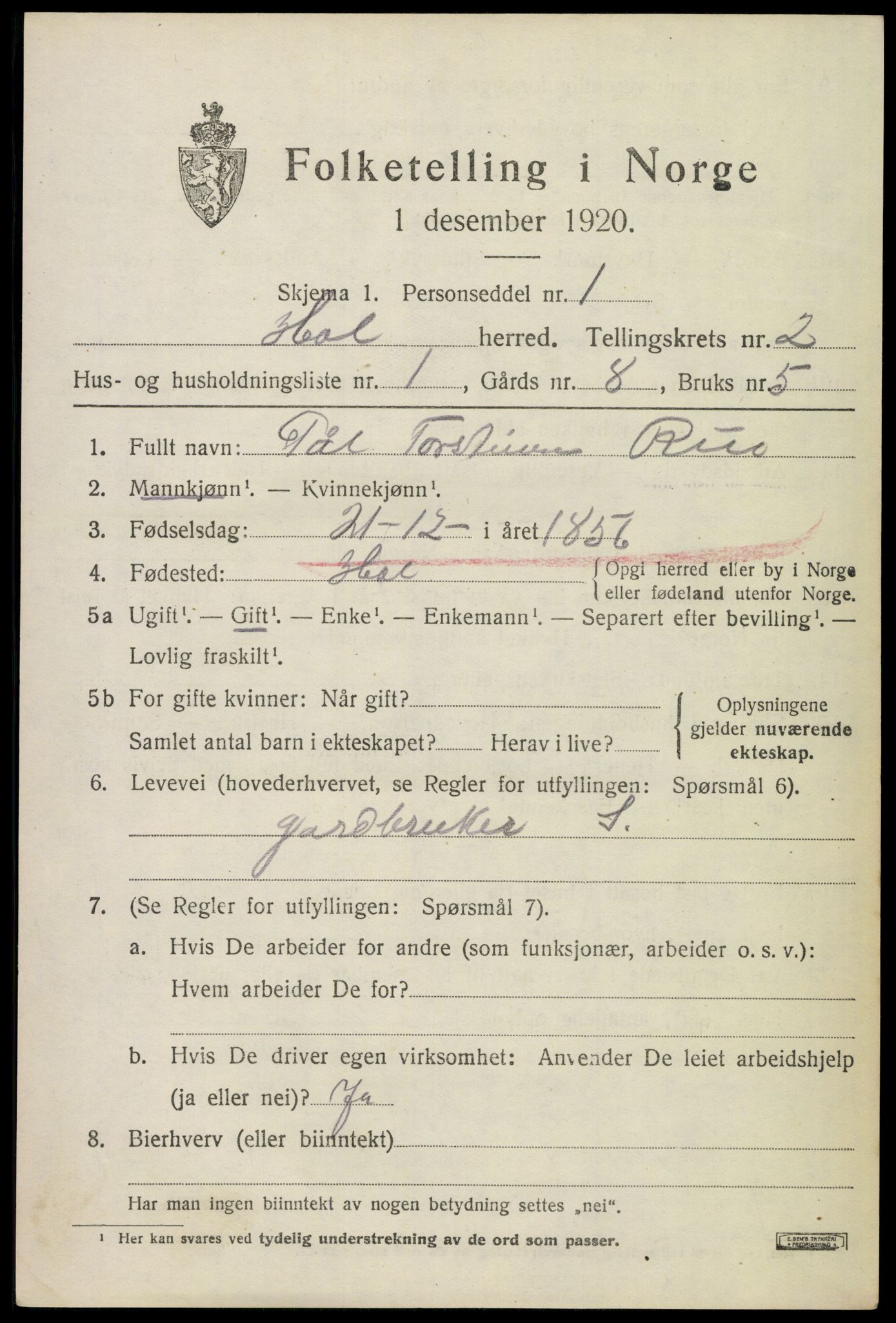 SAKO, 1920 census for Hol (Buskerud), 1920, p. 1195