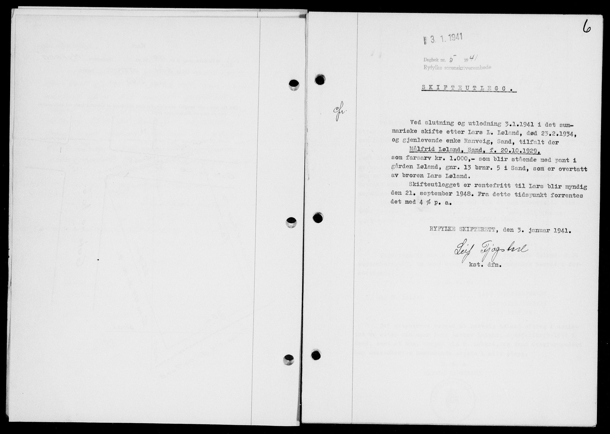 Ryfylke tingrett, AV/SAST-A-100055/001/II/IIB/L0083: Mortgage book no. 62, 1941-1941, Diary no: : 5/1941