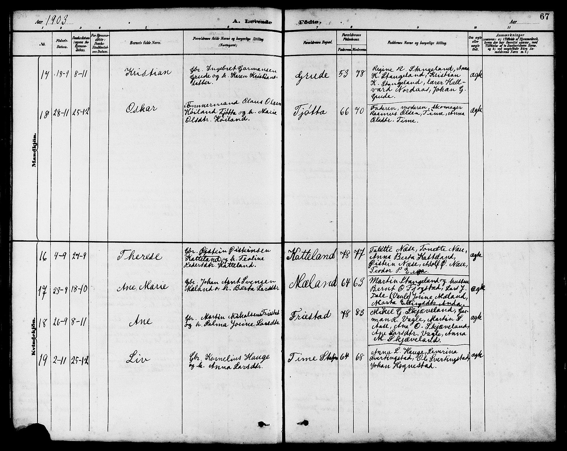 Klepp sokneprestkontor, AV/SAST-A-101803/001/3/30BB/L0004: Parish register (copy) no. B 4, 1889-1914, p. 67