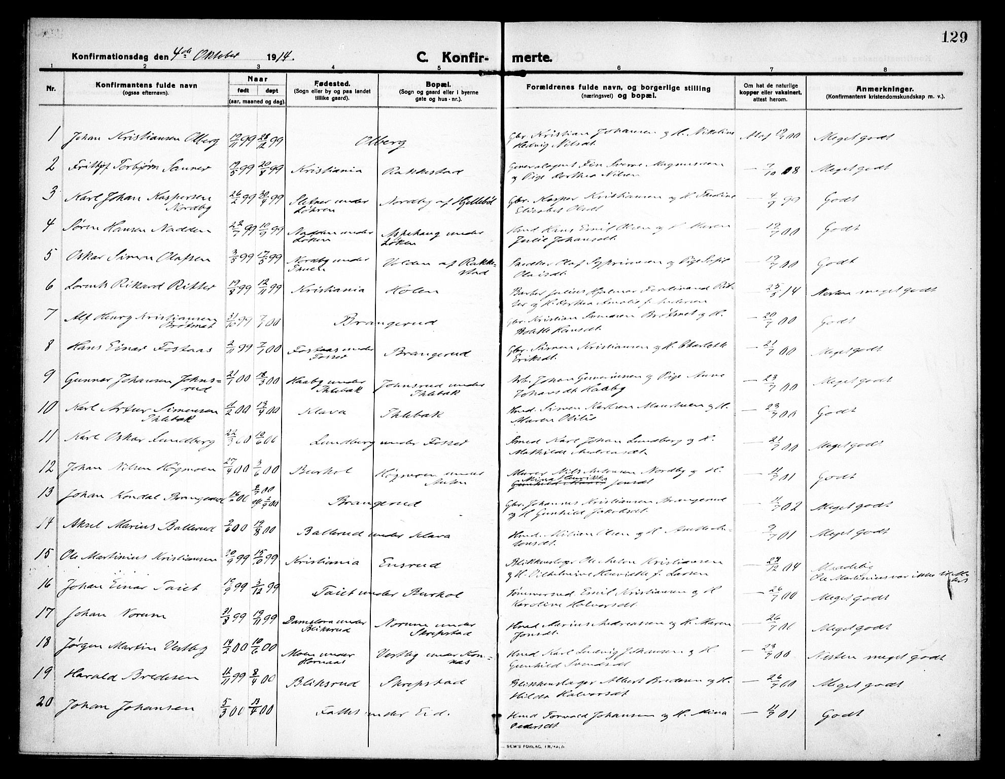 Høland prestekontor Kirkebøker, SAO/A-10346a/F/Fa/L0016: Parish register (official) no. I 16, 1912-1921, p. 129