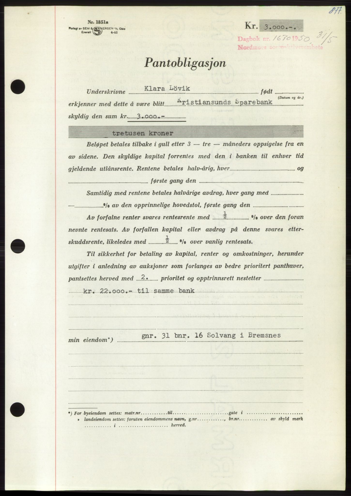 Nordmøre sorenskriveri, AV/SAT-A-4132/1/2/2Ca: Mortgage book no. B104, 1950-1950, Diary no: : 1670/1950