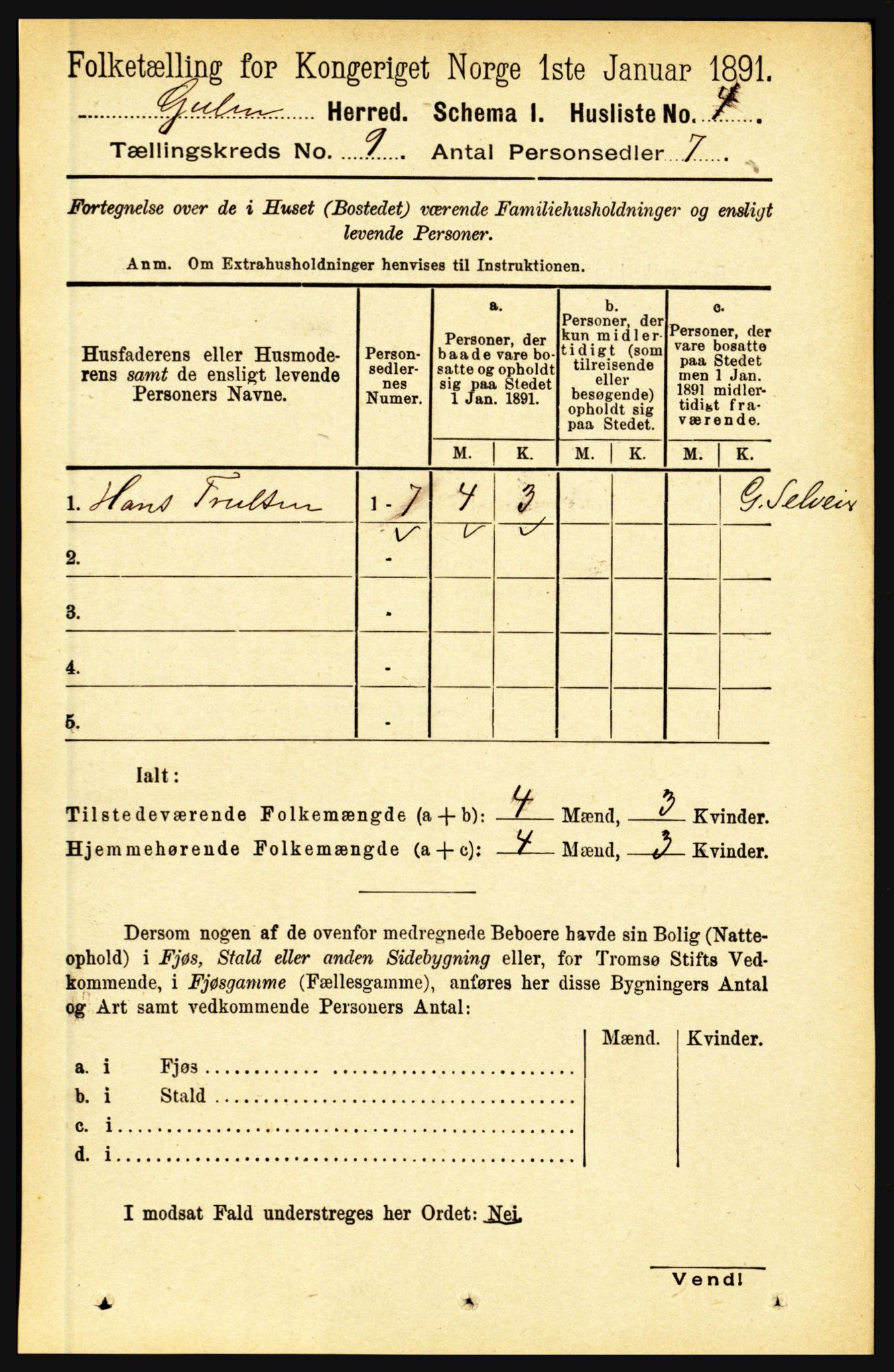 RA, 1891 census for 1411 Gulen, 1891, p. 2708