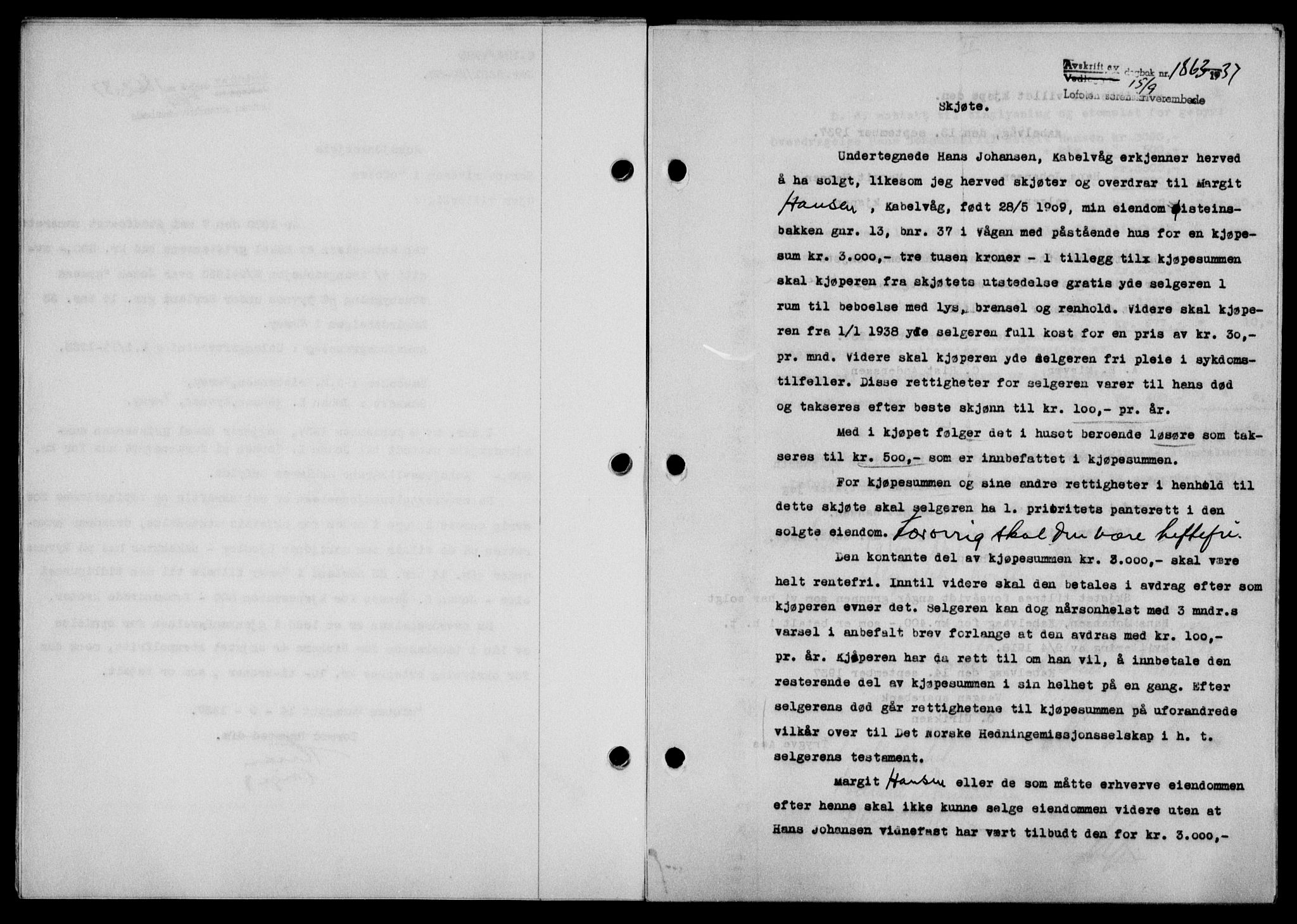 Lofoten sorenskriveri, SAT/A-0017/1/2/2C/L0002a: Mortgage book no. 2a, 1937-1937, Diary no: : 1863/1937