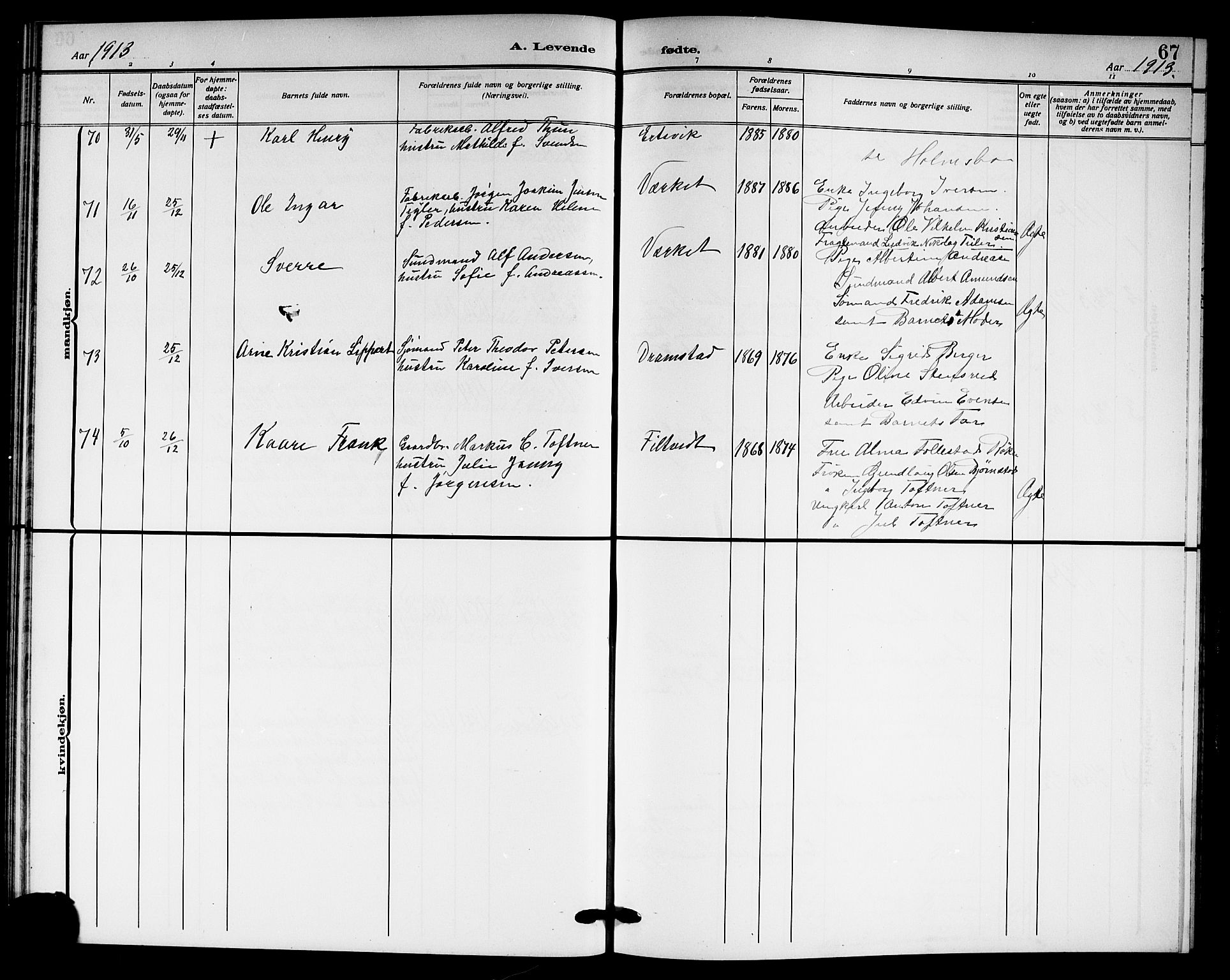 Hurum kirkebøker, AV/SAKO-A-229/G/Ga/L0005: Parish register (copy) no. I 5, 1908-1922, p. 67