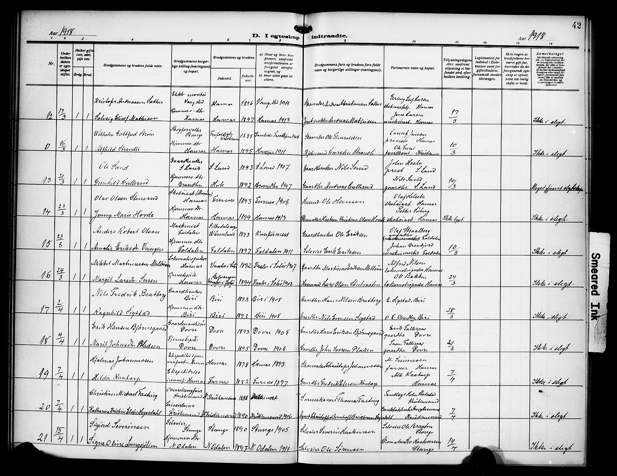 Hamar prestekontor, AV/SAH-DOMPH-002/H/Ha/Hab/L0003: Parish register (copy) no. 3, 1913-1930, p. 42
