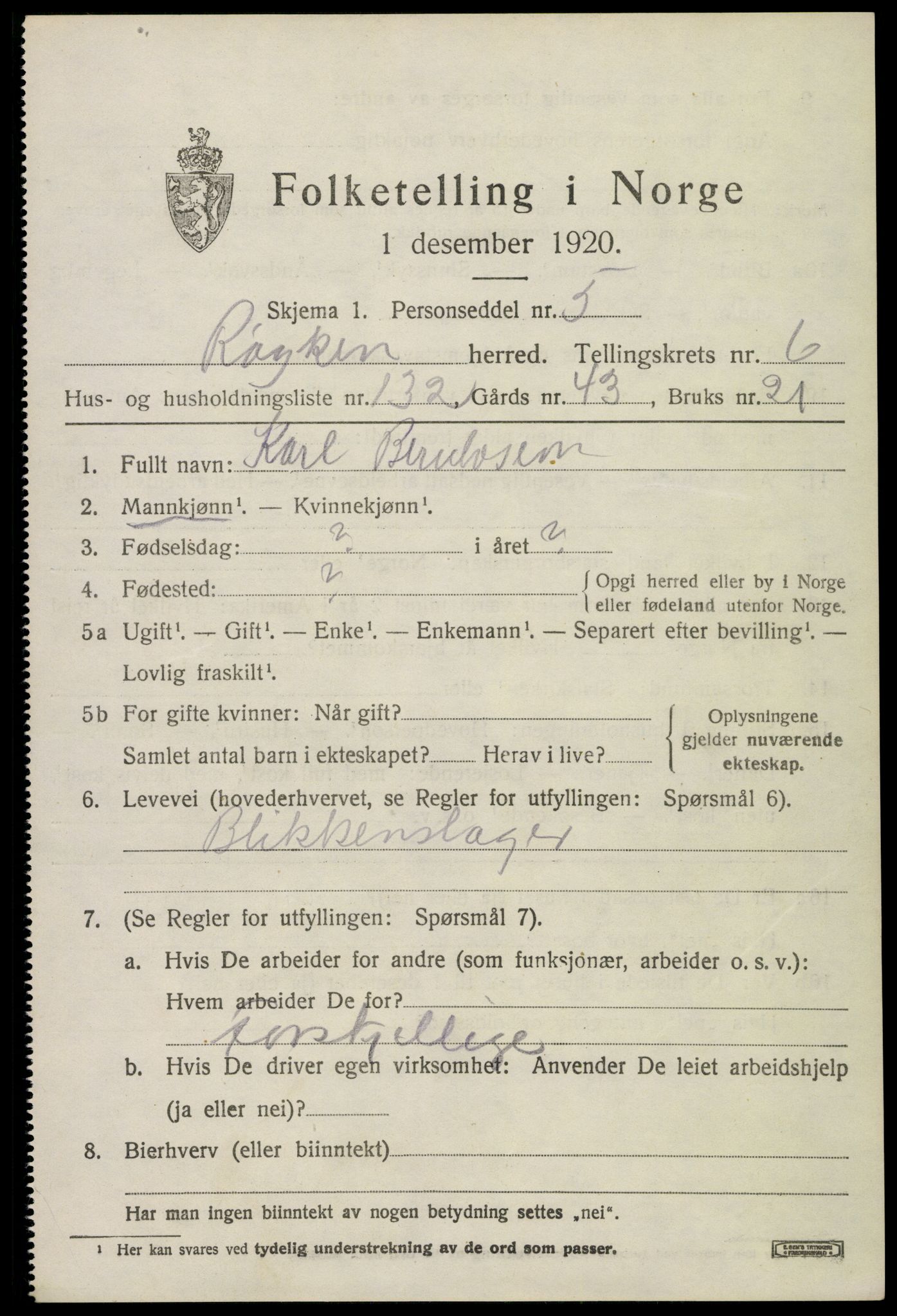 SAKO, 1920 census for Røyken, 1920, p. 11264