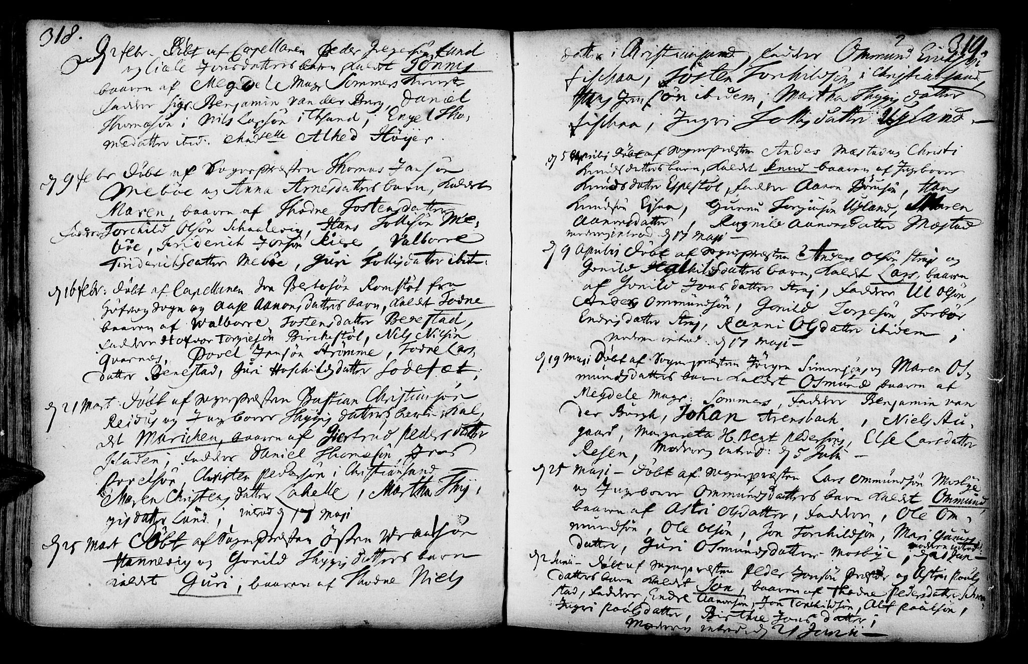 Oddernes sokneprestkontor, SAK/1111-0033/F/Fa/Faa/L0001: Parish register (official) no. A 1, 1692-1718, p. 318-319