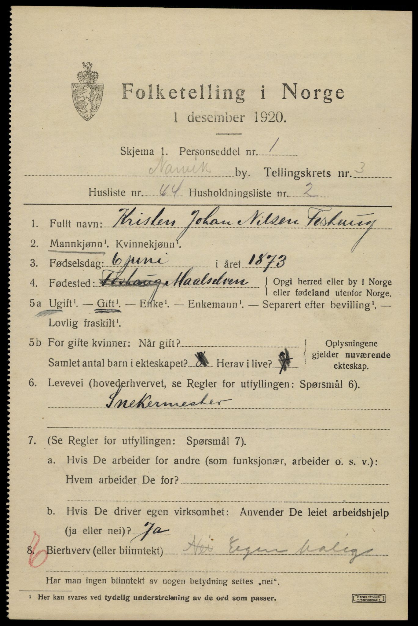 SAT, 1920 census for Narvik, 1920, p. 12624