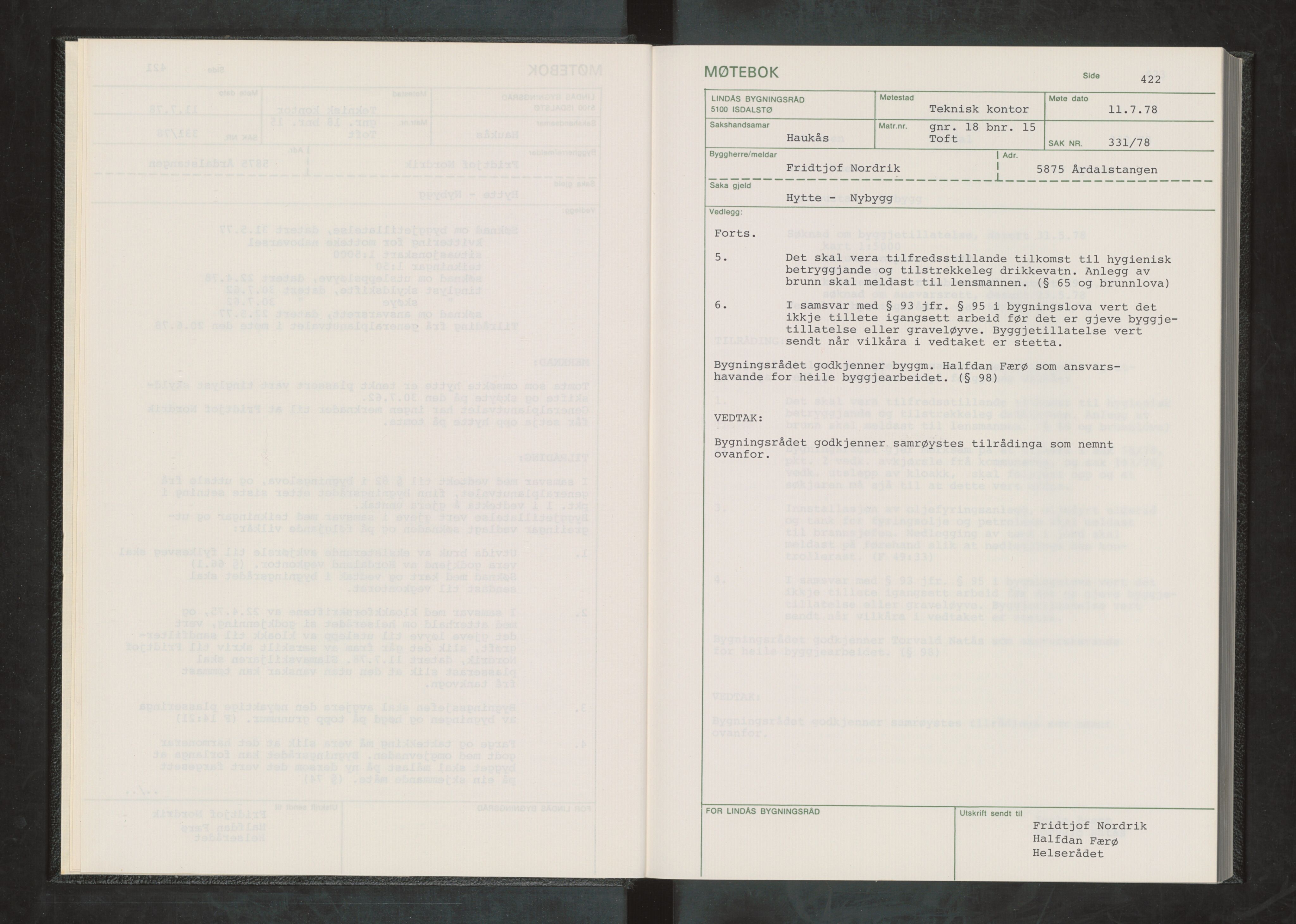 Lindås kommune. Bygningsrådet, IKAH/1263-511/A/Aa/L0030: Møtebok for Lindås bygningsråd, 1978