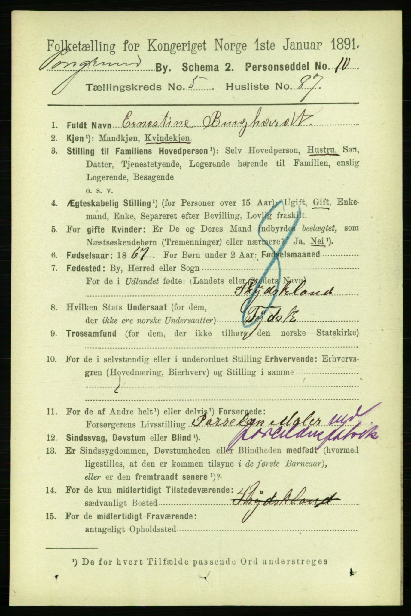 RA, 1891 census for 0805 Porsgrunn, 1891, p. 5095