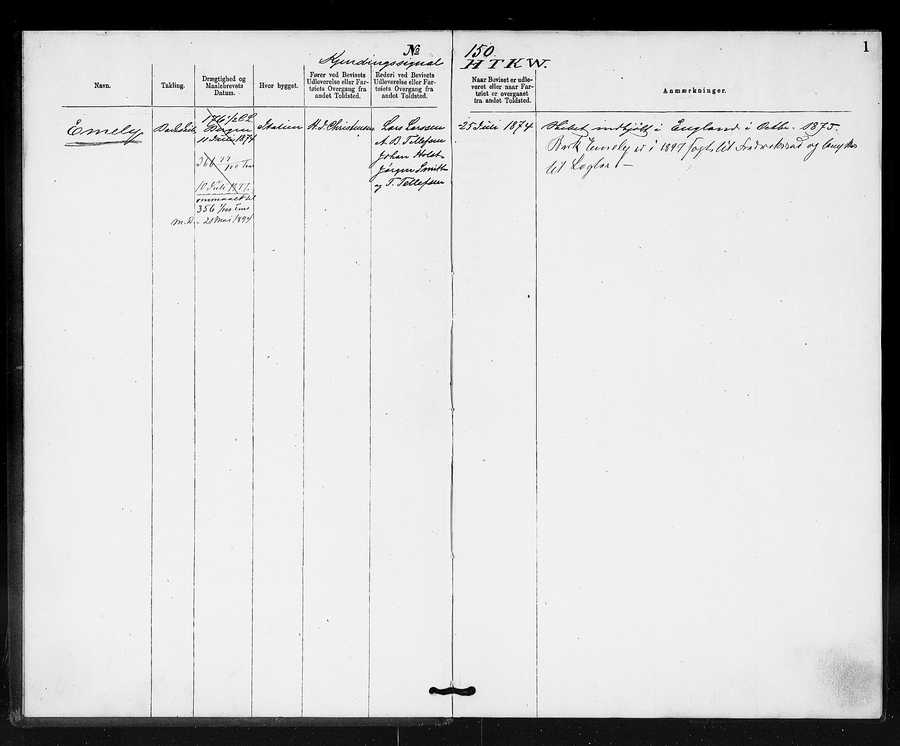 Tvedestrand tollsted, AV/SAK-1351-0011/H/Ha/L0080: Utstedte nasjonalitetsbevis, 1874-1911, p. 1