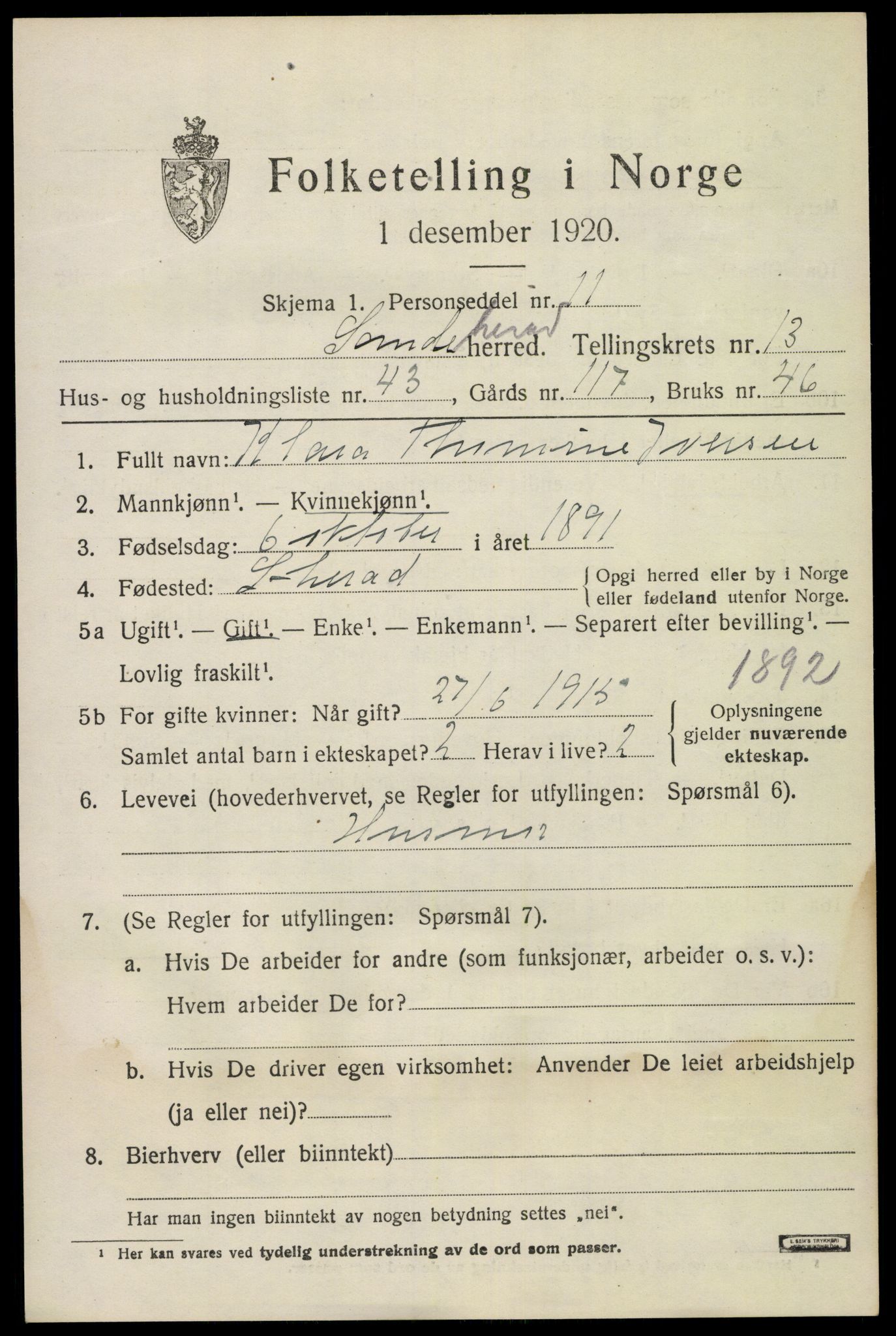 SAKO, 1920 census for Sandeherred, 1920, p. 19828