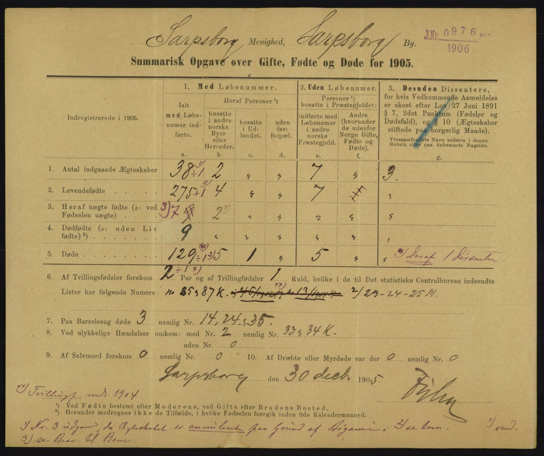 Statistisk sentralbyrå, Sosiodemografiske emner, Befolkning, RA/S-2228/D/Df/Dfa/Dfac/L0048: Summariske oppgaver over gifte, fødte, døde. Byer., 1905, p. 3