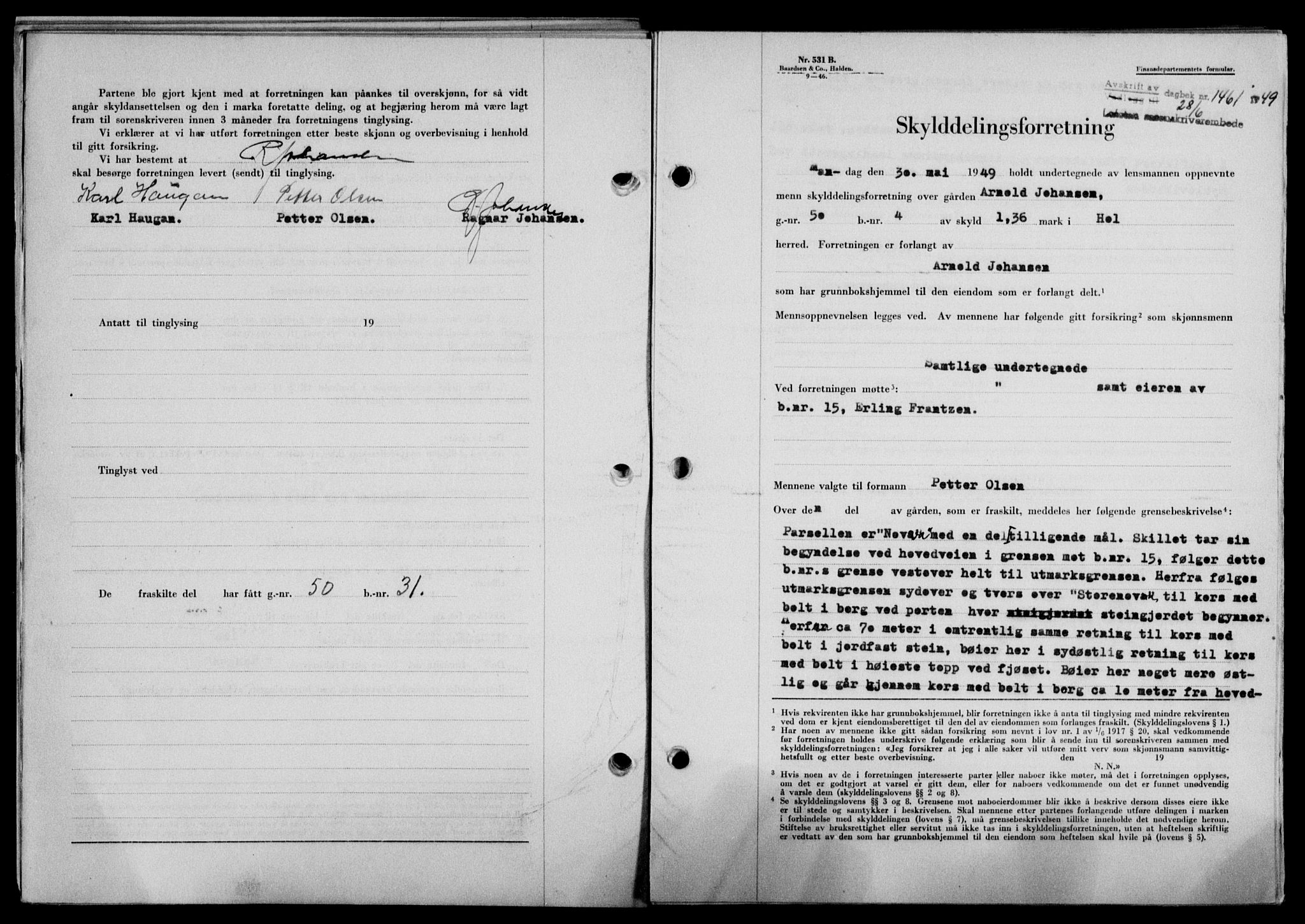 Lofoten sorenskriveri, SAT/A-0017/1/2/2C/L0021a: Mortgage book no. 21a, 1949-1949, Diary no: : 1461/1949